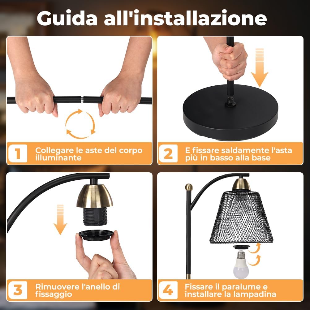 Detalle 2 de OUSFOT Lampada da Terra E27 230V – Nero e Oro, 40W, stile Industriale per Uffici, Soggiorni e Camere (Senza lampadina)
