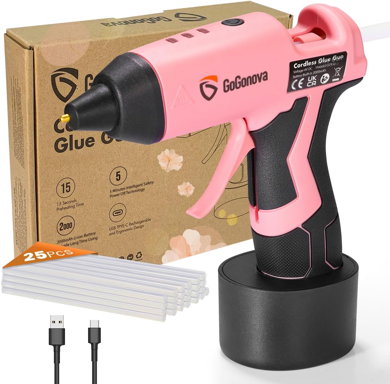 Detalle de GoGonova GGU4-Li Cordless Hot Glue Gun Kit, 2Ah Battery, 25 Mini Sticks