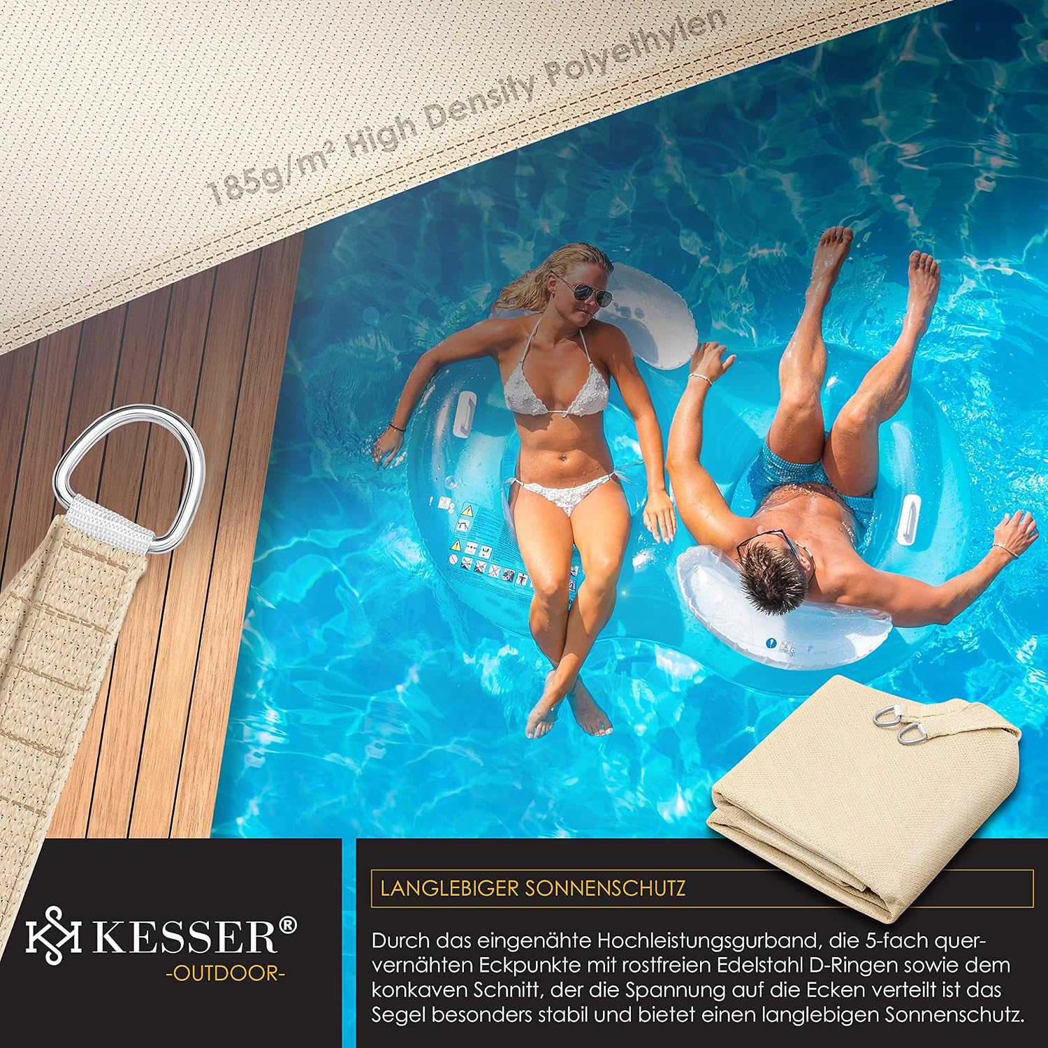 Detalle de KESSER Sonnensegel 2x4 m: HDPE-Gewebe, wasserabweisend & windabweisend, Rechteck – Creme