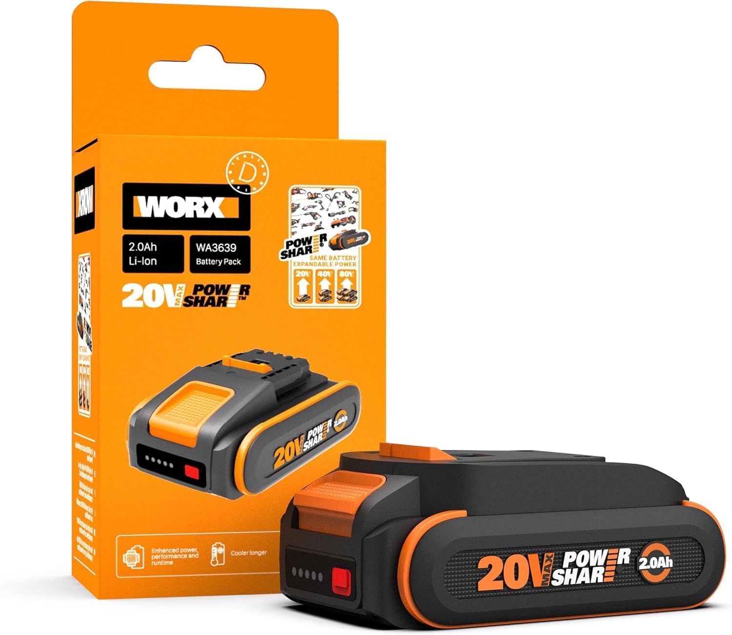 WORX WA3639 Batteria PowerShare 20V agli ioni di litio 2.0Ah con indicatore LED