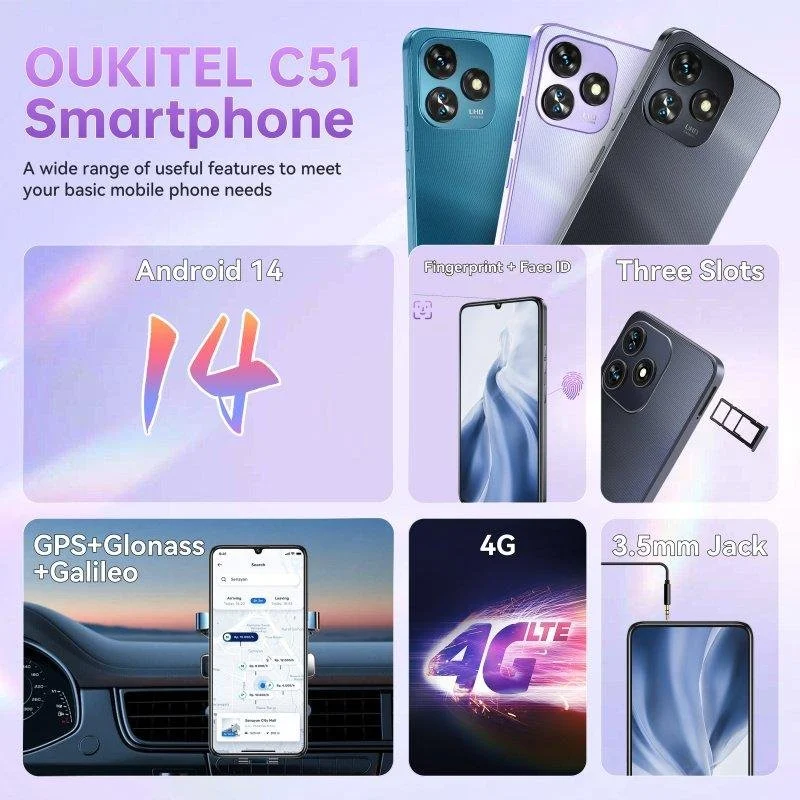 Detalle de Oukitel C51 4G 4GB/128GB, 6.8” Azul: gran pantalla y batería para uso diario