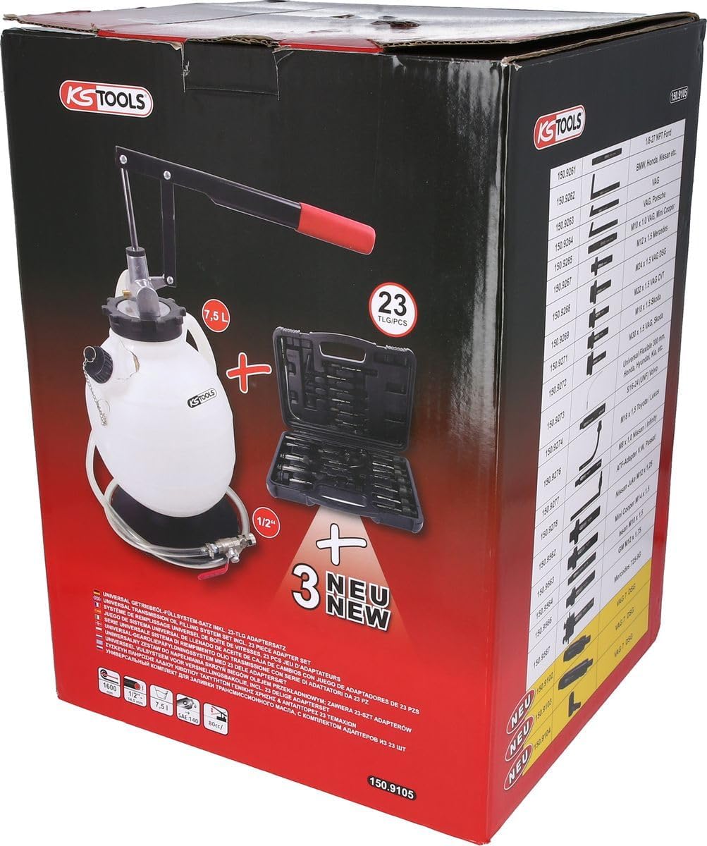 Detalle de KS Tools 150.9105 universele transmissieolievulset met 23 adapters