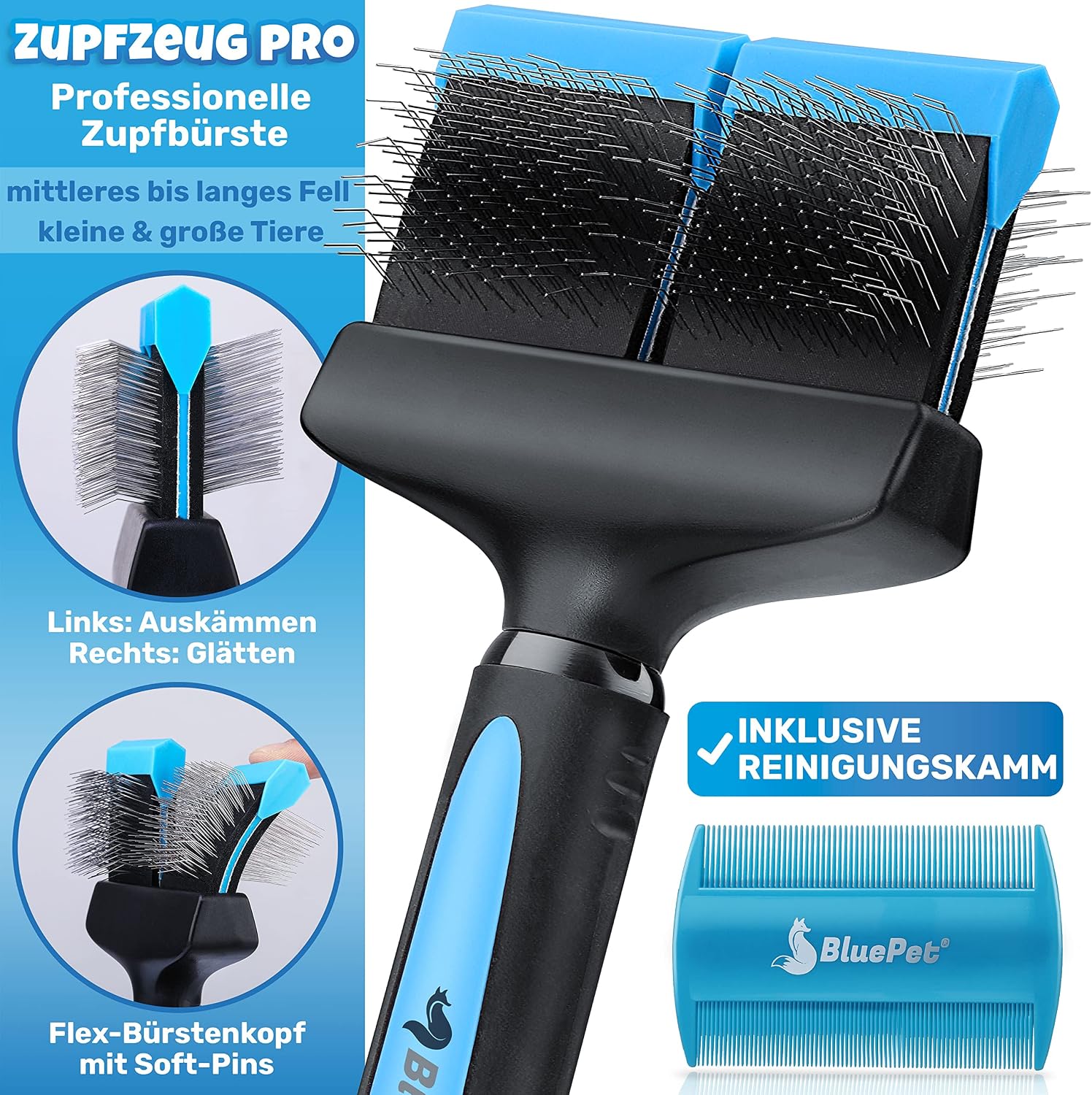 Thumbnail 6 de BluePet ZupfZeug Pro – Professionelle Doppelkopf-Hundebürste für Langhaar mit flexiblem Kopf