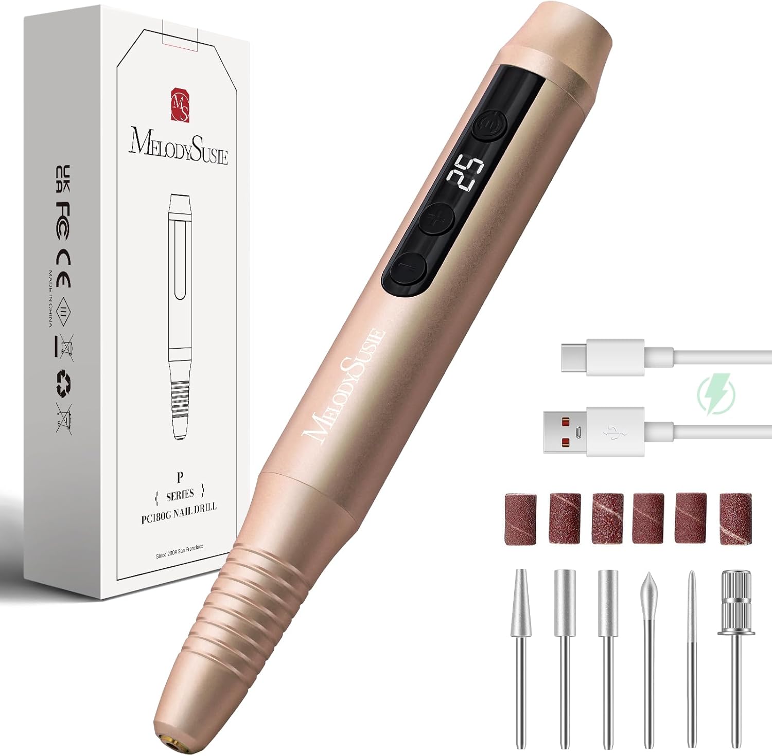 Detalle de MelodySusie Ponceuse pour Ongles Professionnel Sans Fil PC180G Lime Doré — 25000 tr/min, LED et écran, kit mani/pedi