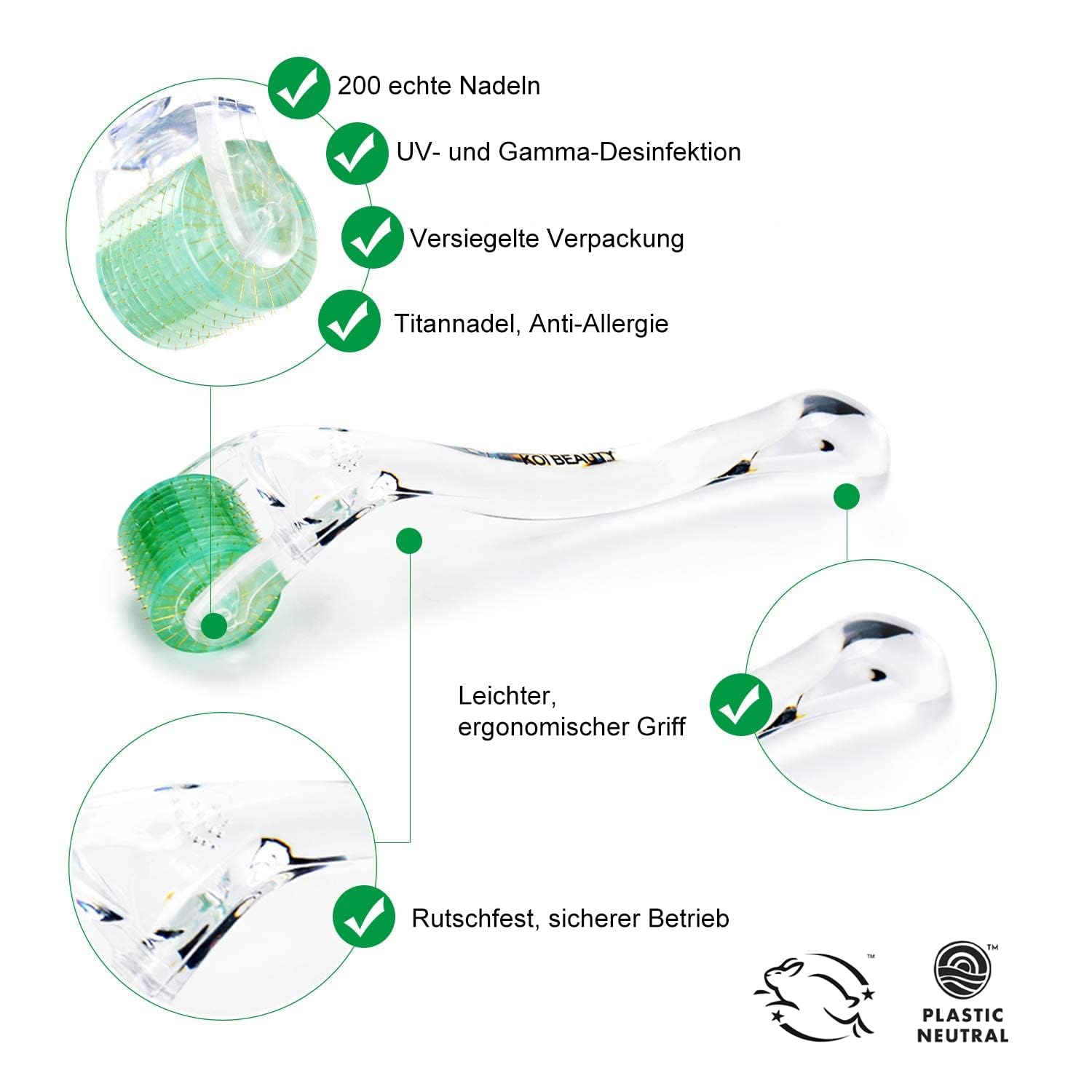 Detalle de KOI BEAUTY Derma Roller 0,5 mm – Microneedling-Roller mit 200 echten Nadeln für Gesicht, Bart und Kopfhaut (zuhause)