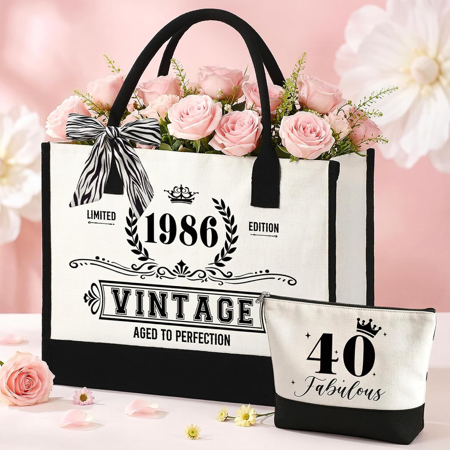 Detalle de ePicsoa 40. Geburtstag Geschenk Mädchen – Vintage 1986 Canvas Einkaufstasche + Kosmetiktasche Set