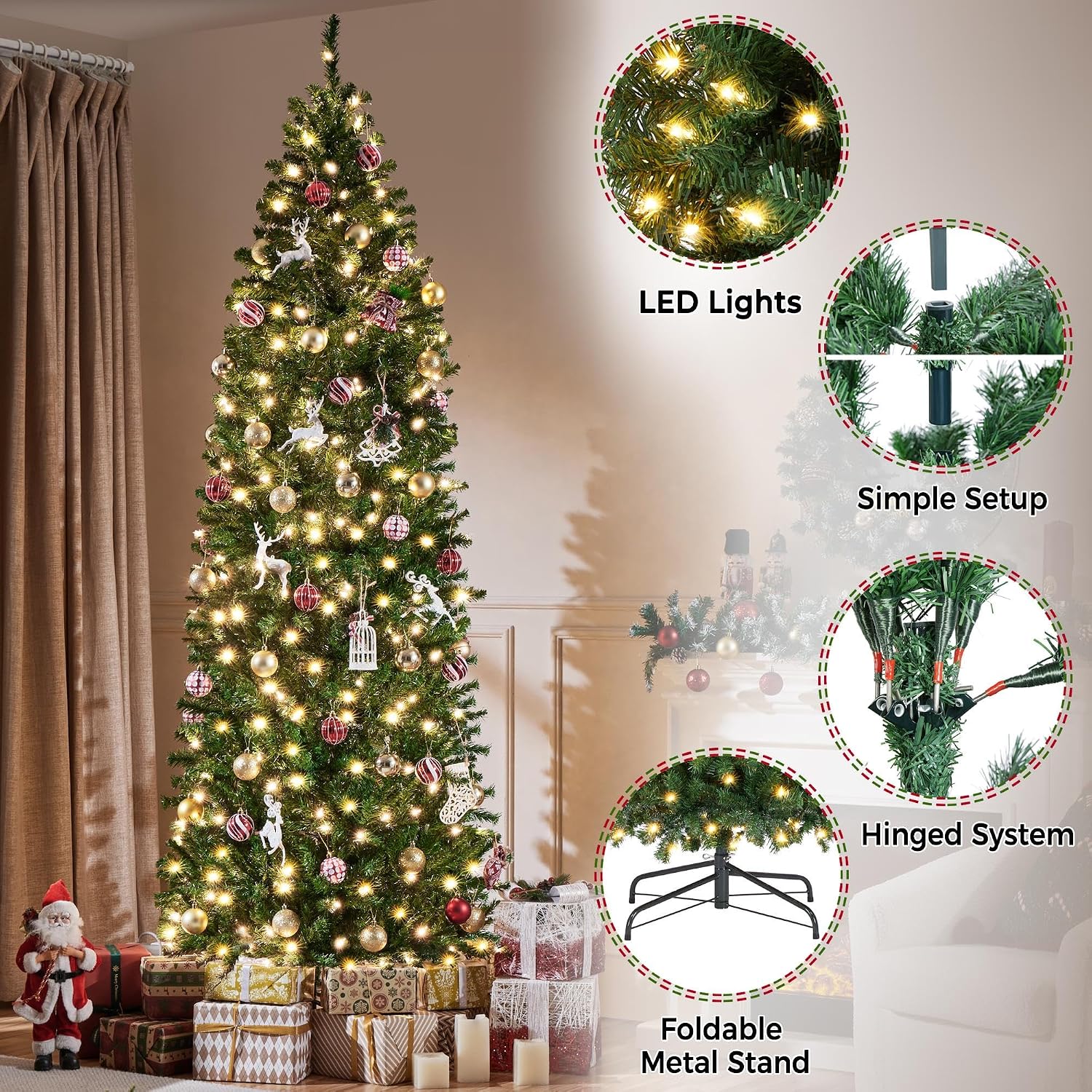 Detalle de Yaheetech HWOA-100/2FR(0.2A) 9ft Pre-Lit Pencil Christmas Tree