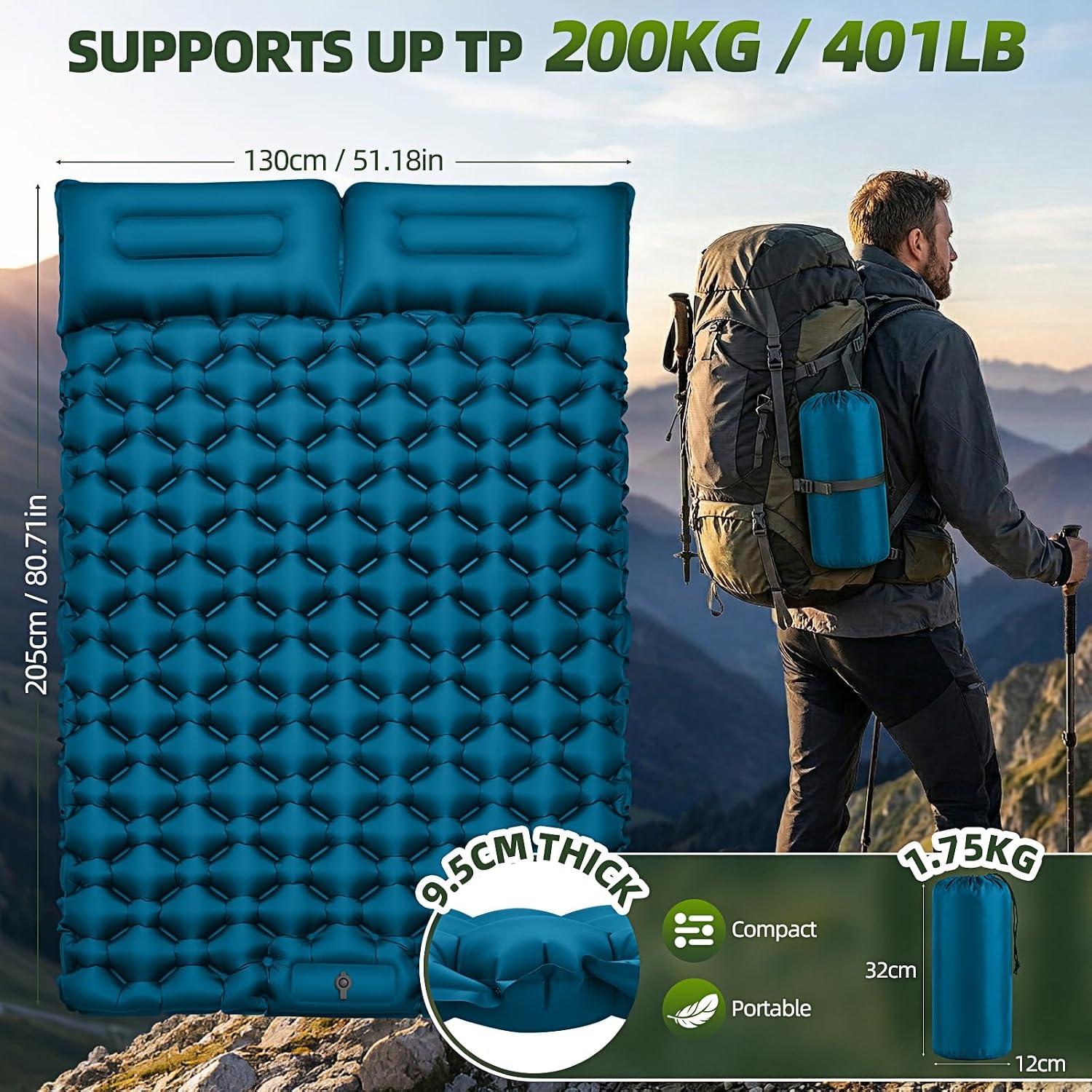 Detalle de Sleeping Pad Camping Mat Double 9.5cm Thick, 204x130cm with Built-in Foot Pump