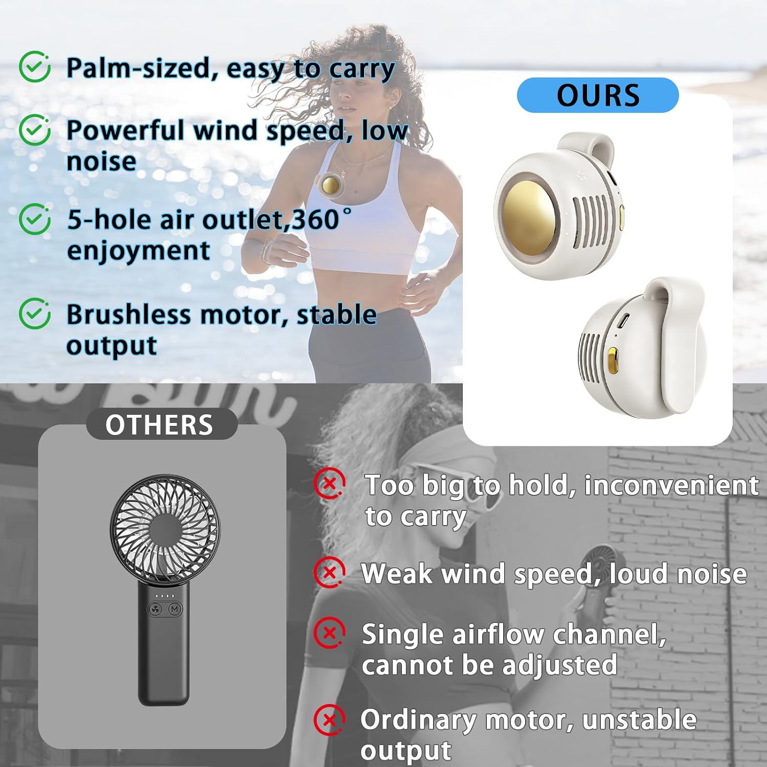 Detalle 2 de Ahuccf Portable Clip-On Fan (White) – 360° Rotatable, 3-Speed USB Rechargeable Bladeless Personal Fan