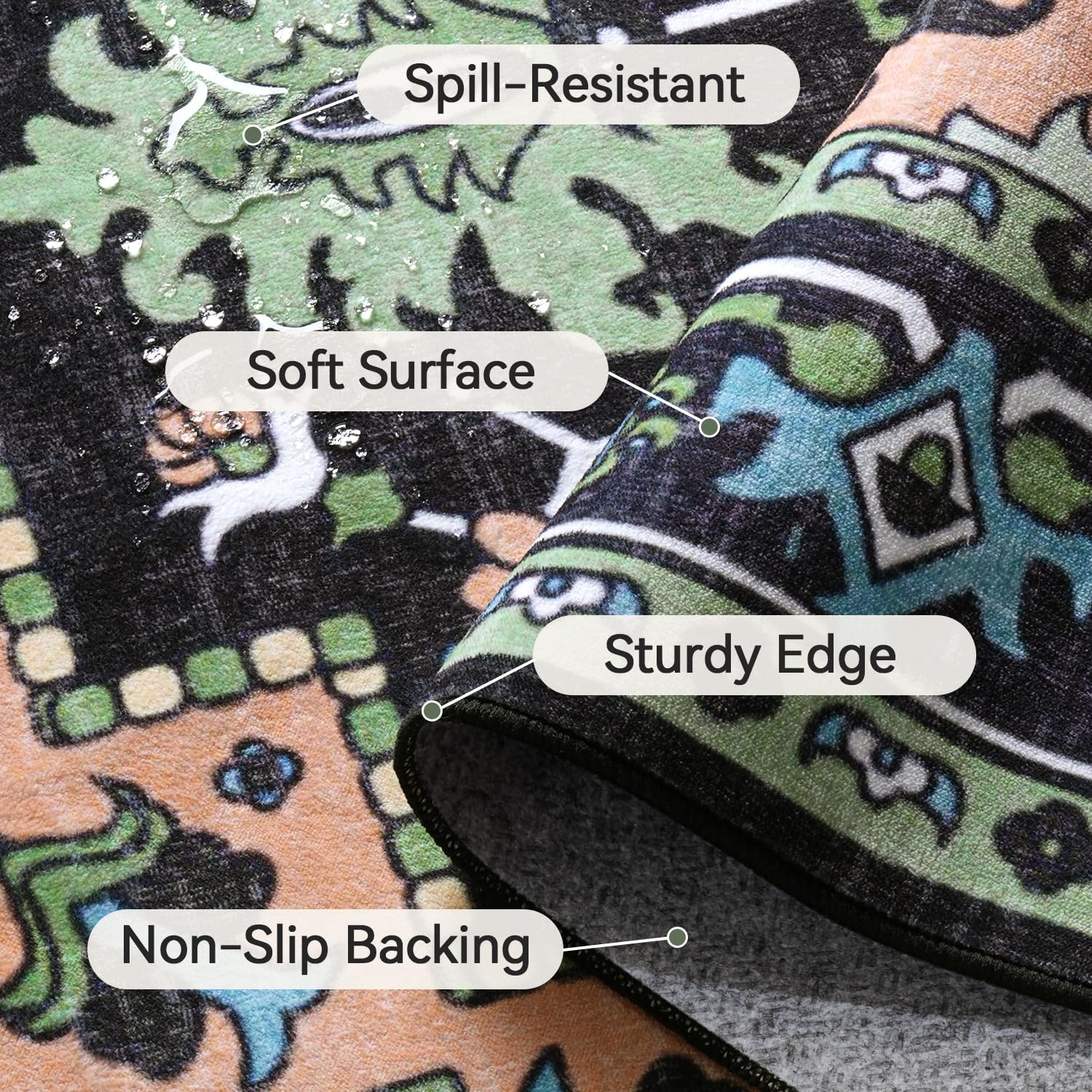 Detalle de 5x7 Vintage Floral Washable Area Rug with Non-Slip Backing — Dark Green