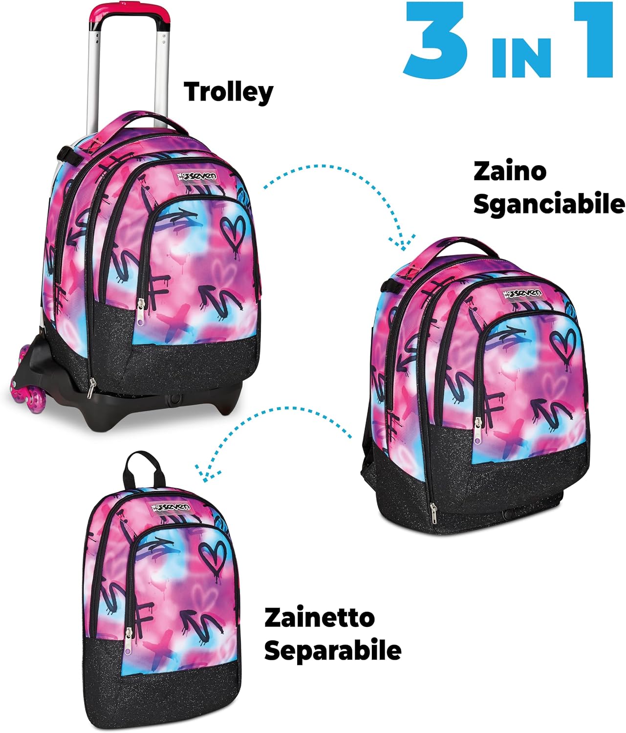 Detalle 2 de Seven Zaino Trolley Scuola Elementare Bambina: versatilità tre ruote con zaino staccabile