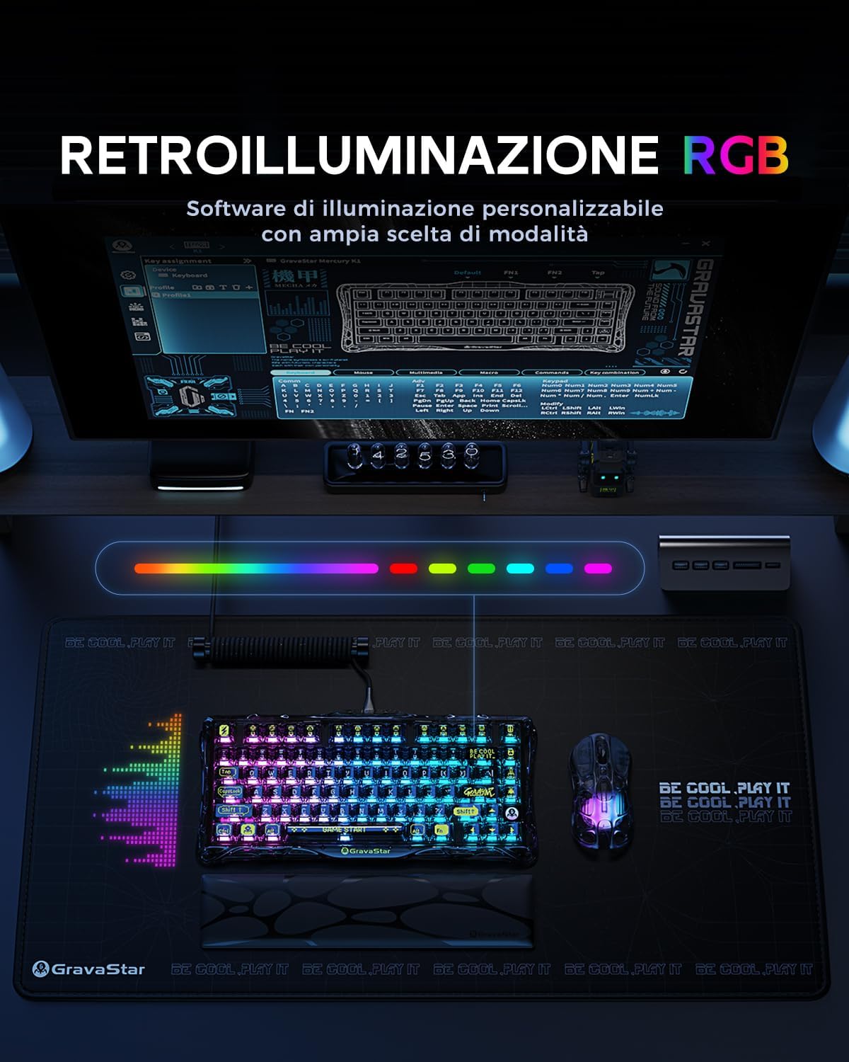 Detalle de GravaStar Mercury K1 Lite tastiera meccanica wireless 75% con BT 5.0/2.4G/USB-C e RGB