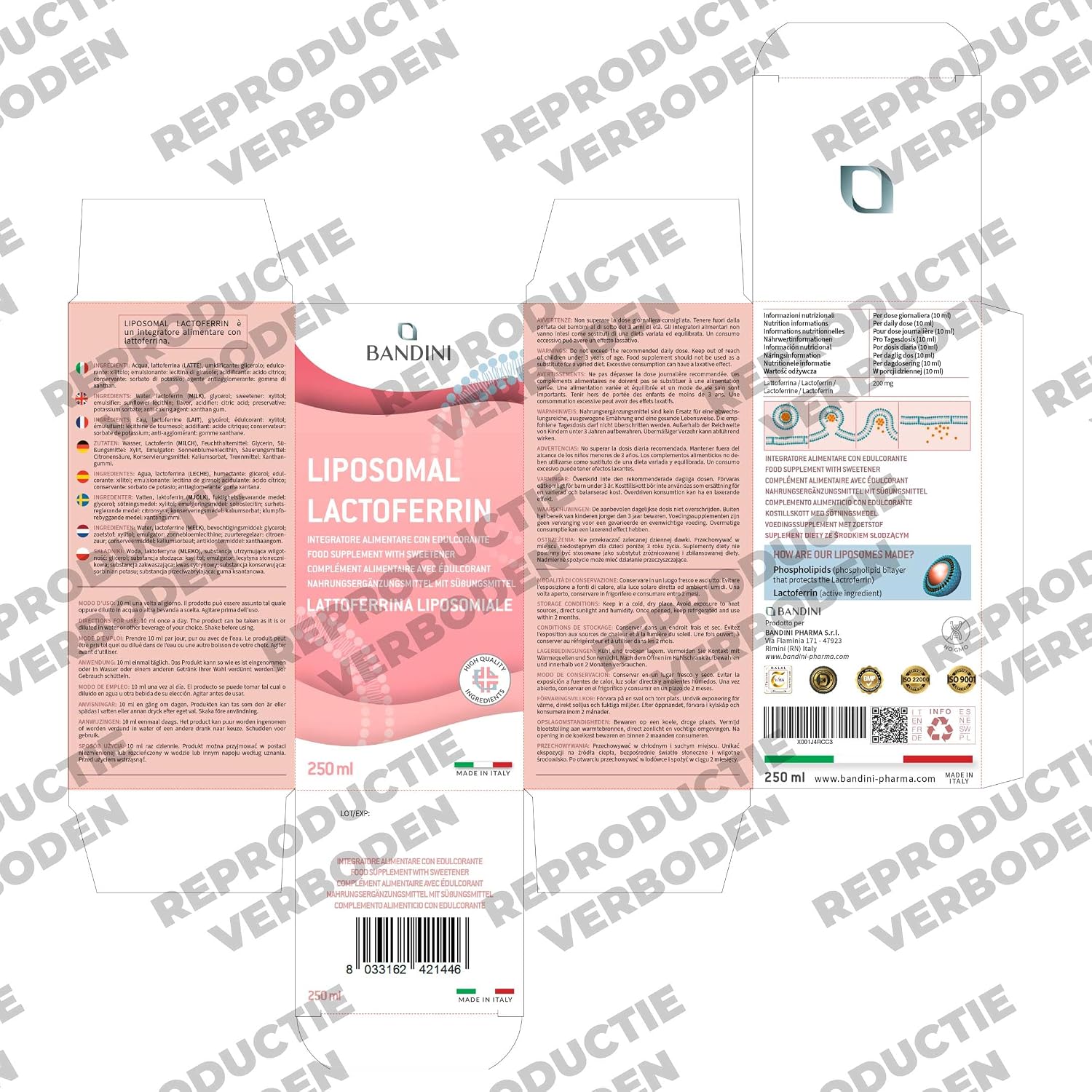 Detalle de BANDINI Lactoferrine Liposomaal 250 ml vloeibaar supplement, vegan en kersensmaak
