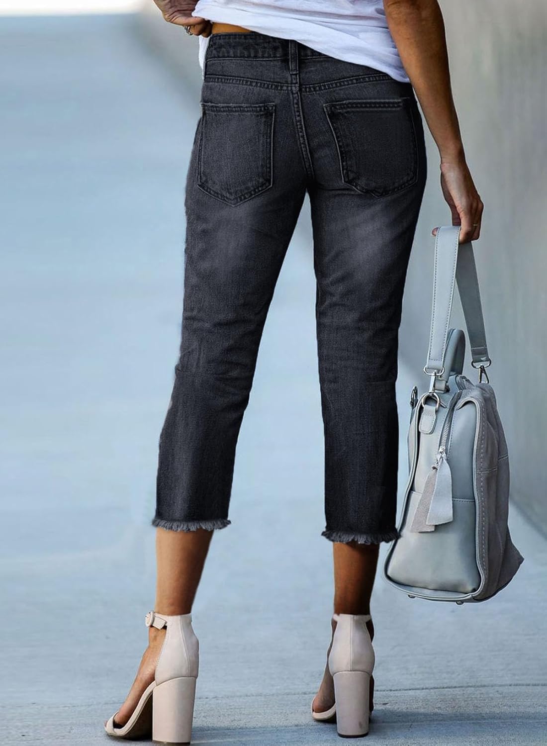 Detalle de Sidefeel Women's Capri Jeans High Waisted Straight Leg Raw Hem Denim Capri Pants