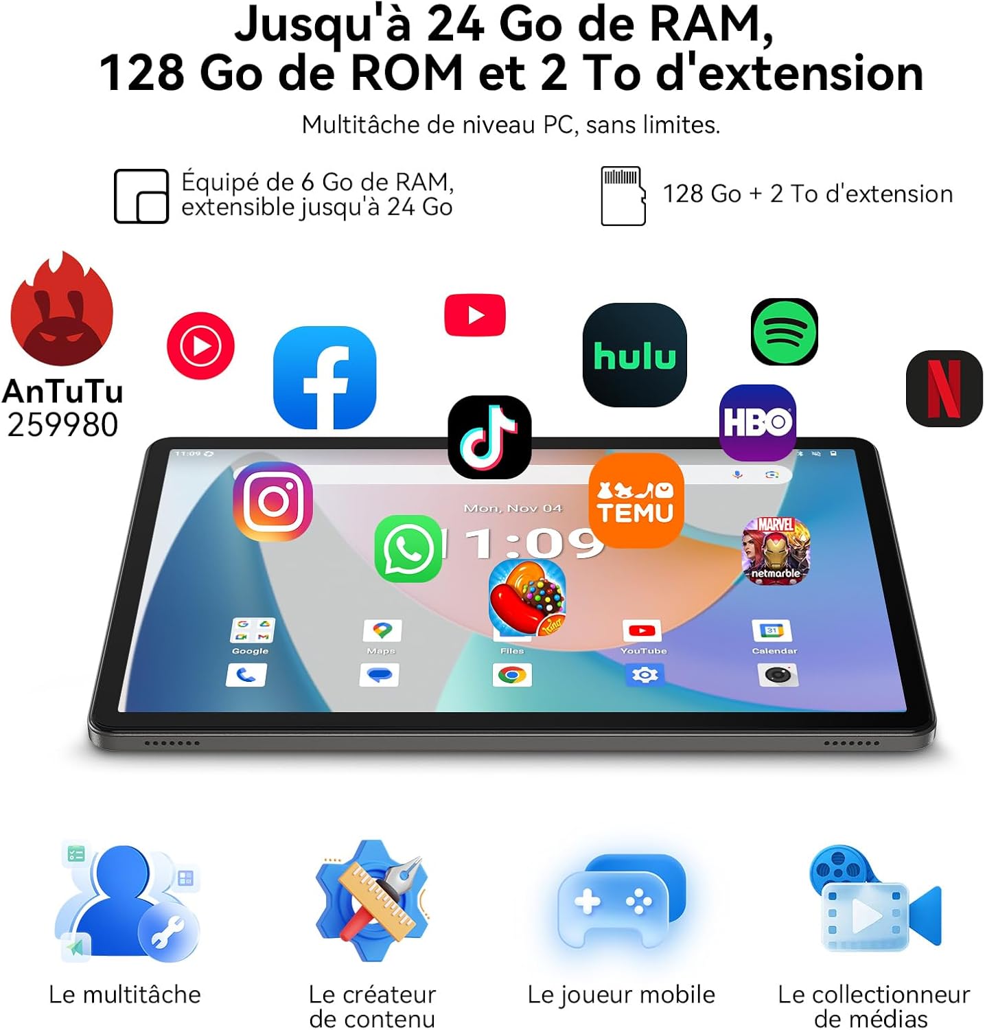 Thumbnail 5 de TABWEE Android 16 Tablette 11 pouces : 24 Go RAM, 128 Go ROM, batterie 8000 mAh et écran 90 Hz