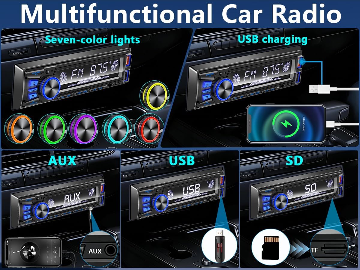 Thumbnail 2 de Car Radio Bluetooth Single DIN Stereo with Push-to-Talk, App Control, and FM Radio (No CD Player)