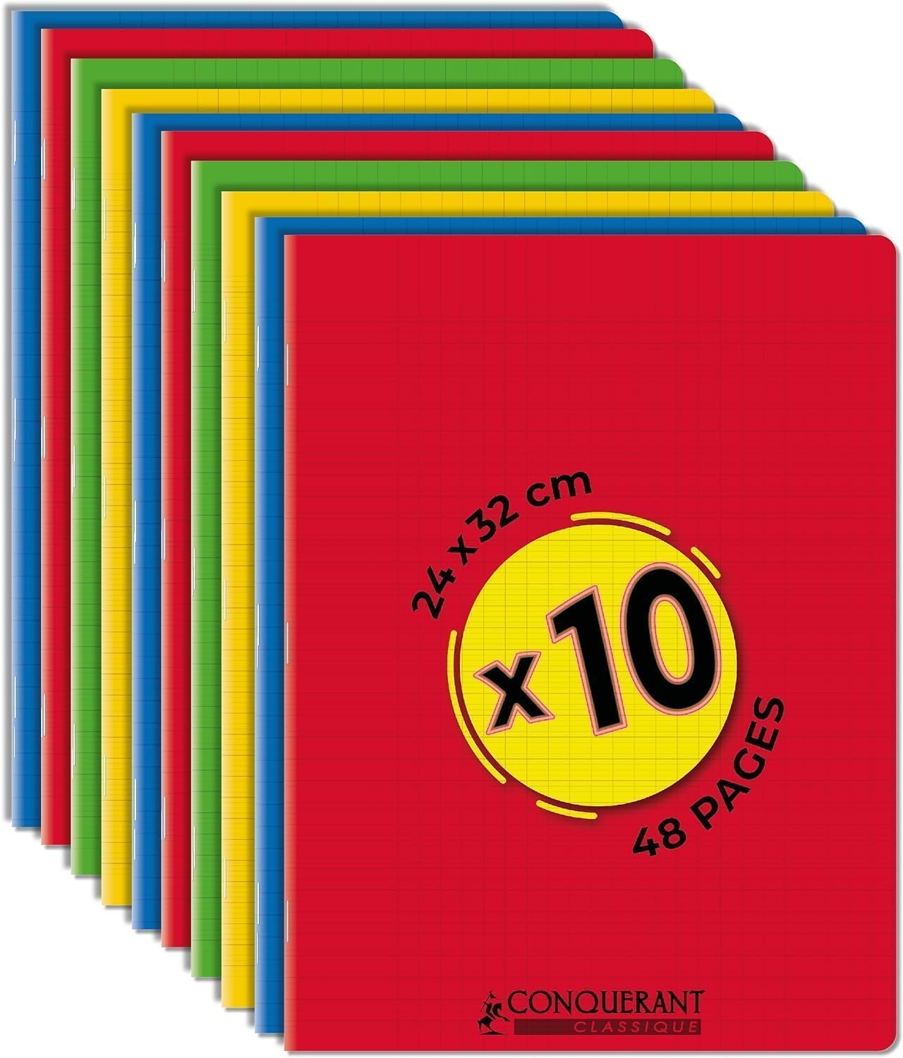 Detalle de Conquérant Lot de 10 Cahiers Classique 24x32 cm – Grands Carreaux Seyès 48 Pages, agrafés, couleurs assorties