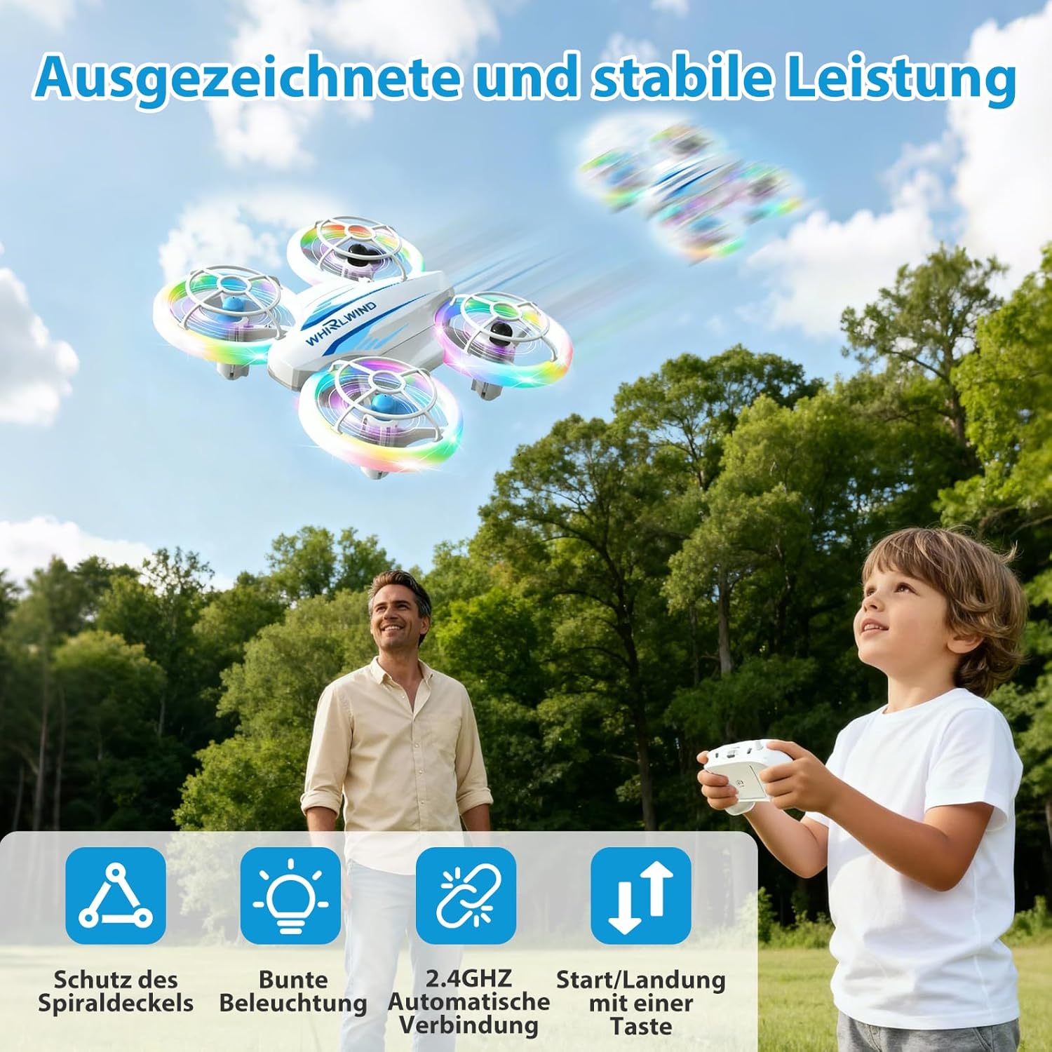 Detalle 2 de Mini-Kinderdrohne (RC Quadrocopter) ab 6 Jahren mit LED, 3 Akkus und Ein-Knopf-Start/Landung