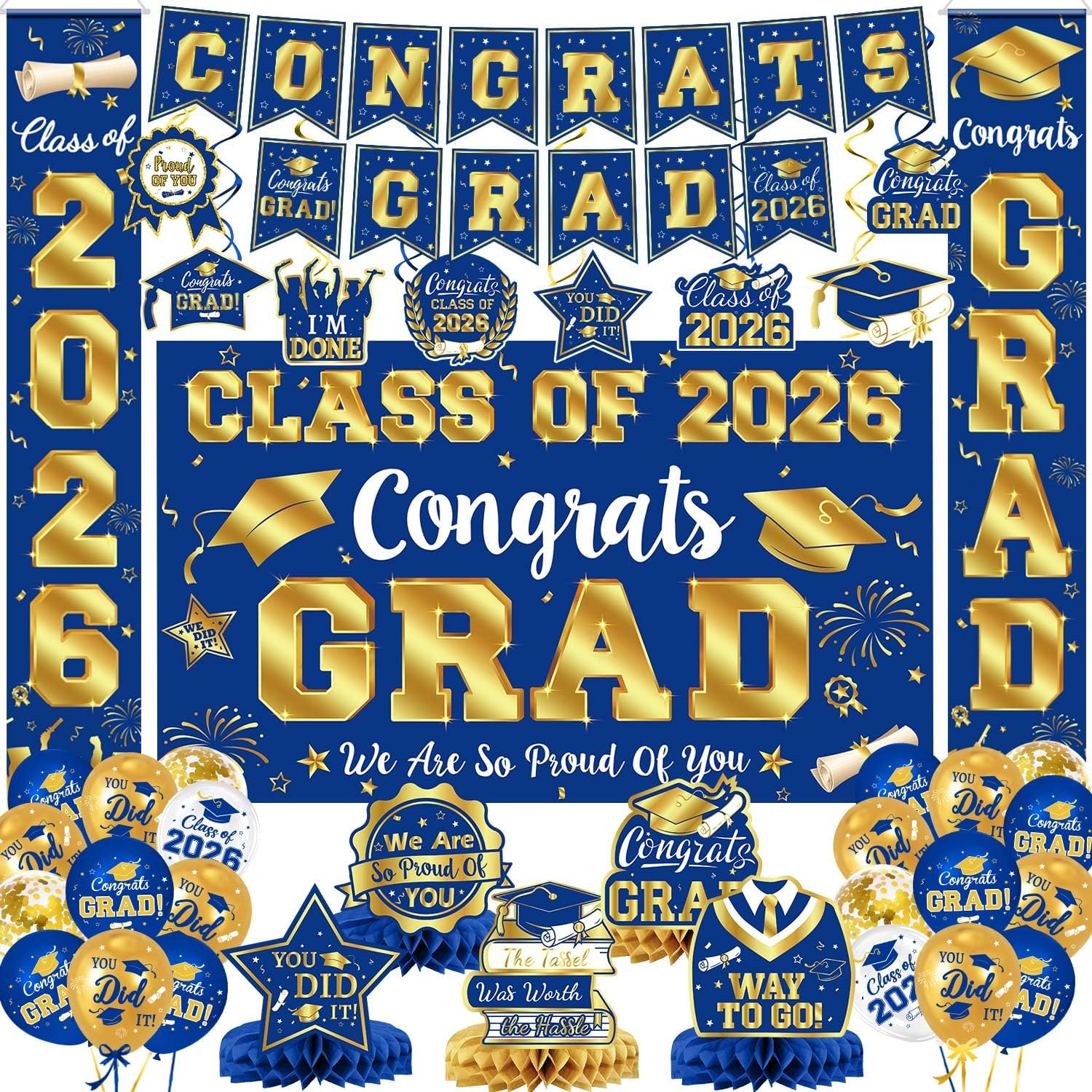 Thumbnail 6 de LINHAXM 2026 Graduation Decorations Set (Navy Blue & Gold) — Congrats Grad Banner, Backdrop, Porch Sign, Balloons & More