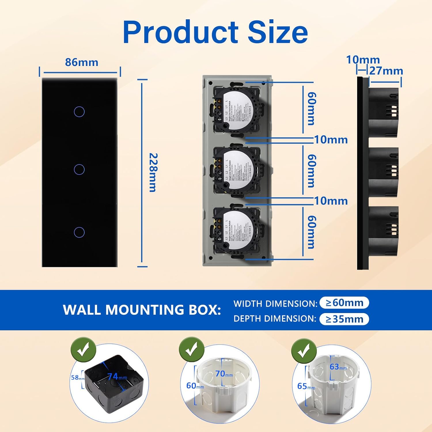 Detalle de BSEED Interruptor táctil triple 500 W