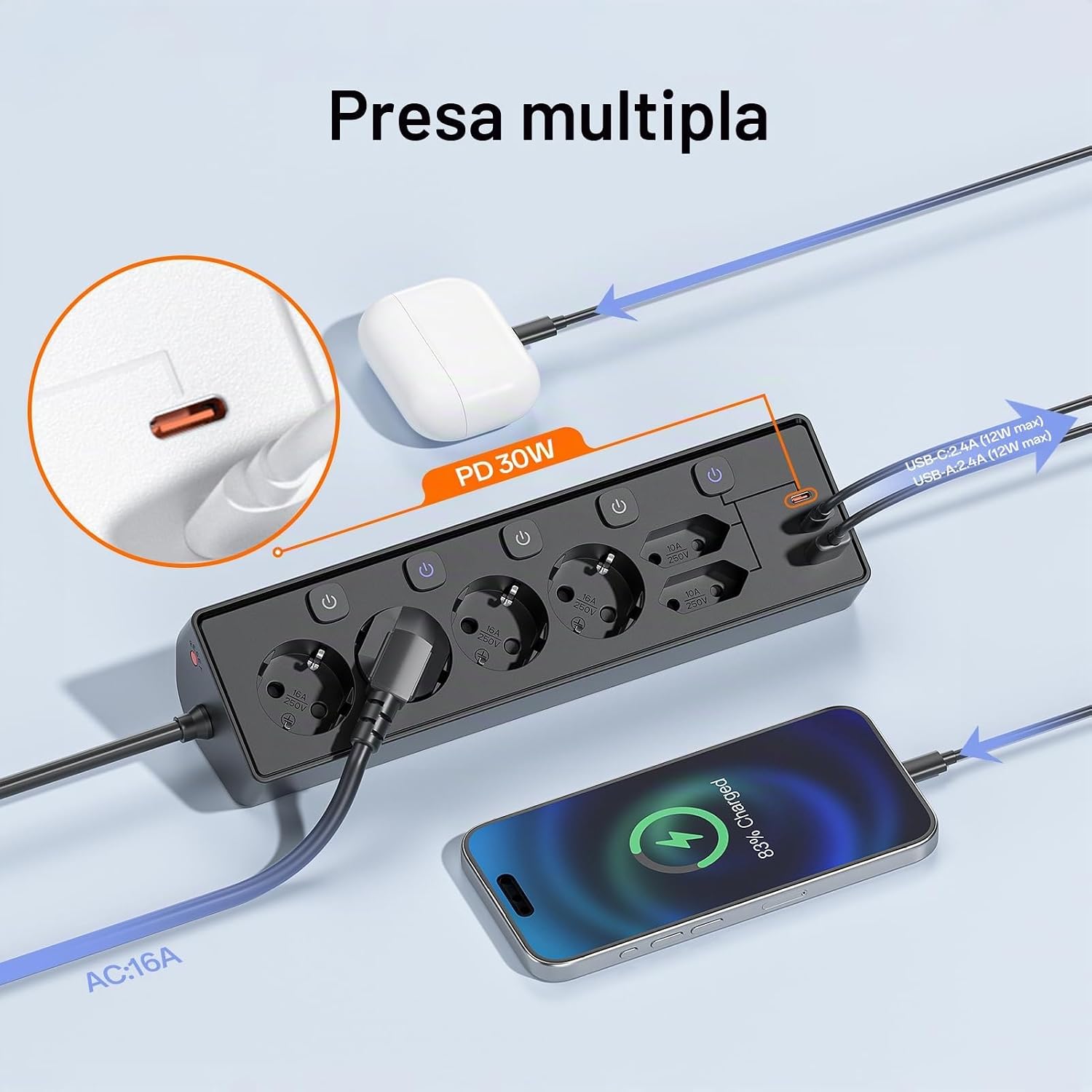 Detalle de Ciabatta Multipresa con USB 9 in 1: 6 prese, 3 USB e protezione sovratensione