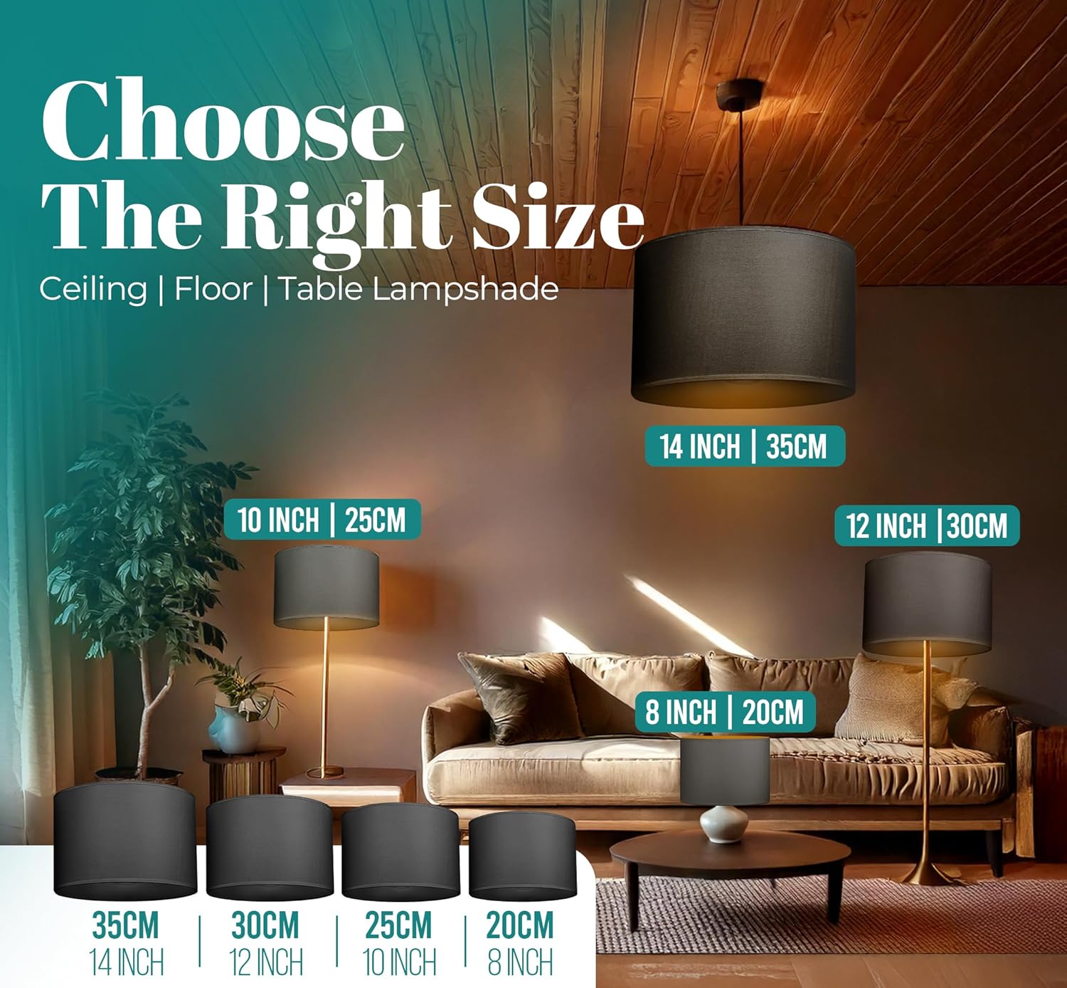 Detalle de GIGGI 8" Black Fabric Lampshade – Modern Drum Shade for Ceiling, Table and Floor Lamps