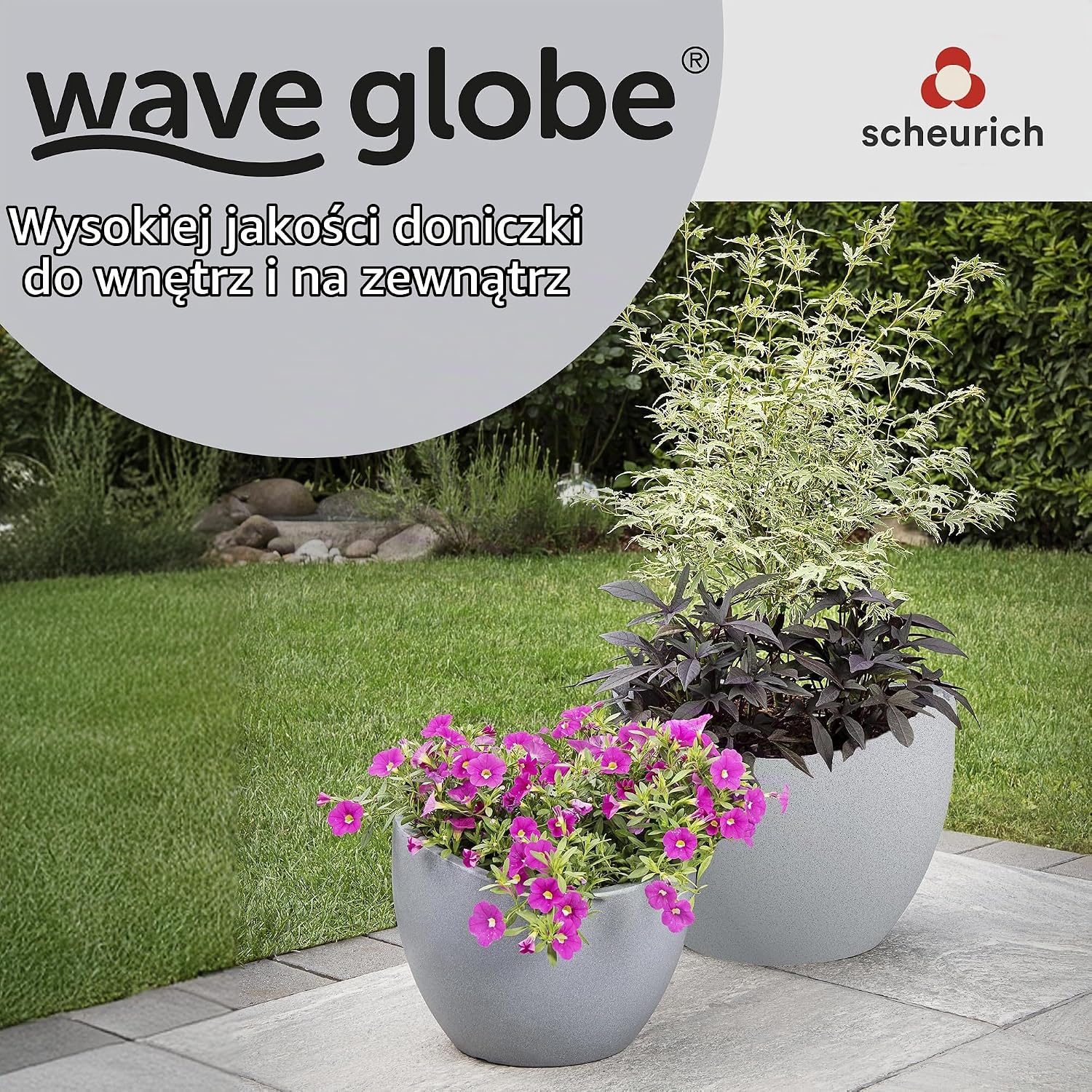Detalle de Scheurich Wave Globe 40 – okrągła donica z tworzywa z recyklingu, szara