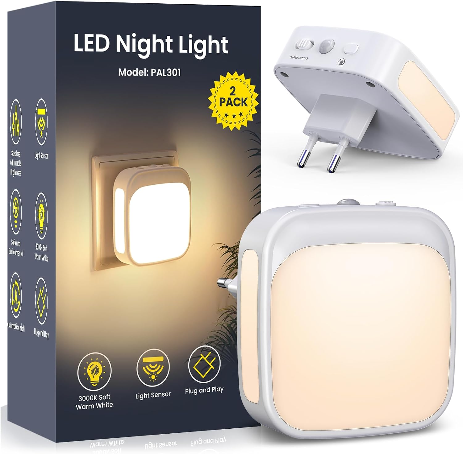 Detalle de PALATALA luz nocturna infantil con sensor crepuscular y enchufe (2 piezas) regulable 3000K
