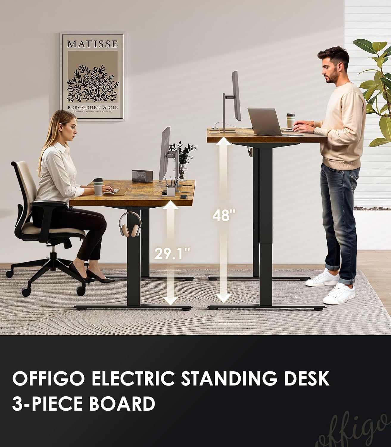 Detalle de OffiGo 71-Inch Executive Electric Standing Desk, Rustic Brown, 3 Presets
