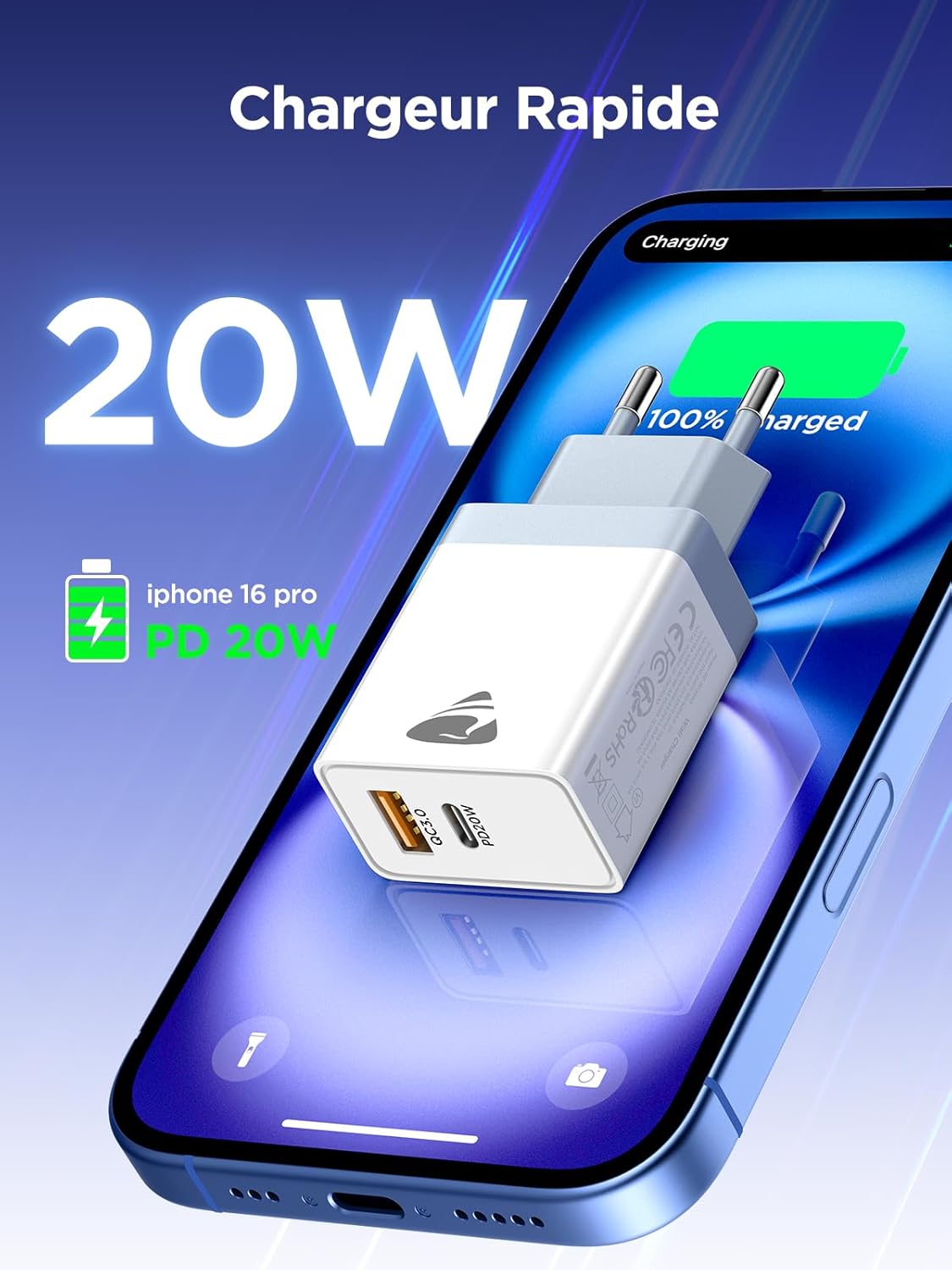 Thumbnail 2 de Chargeur USB-C 20W à double port Aioneus – Charge rapide pour iPhone et Galaxy