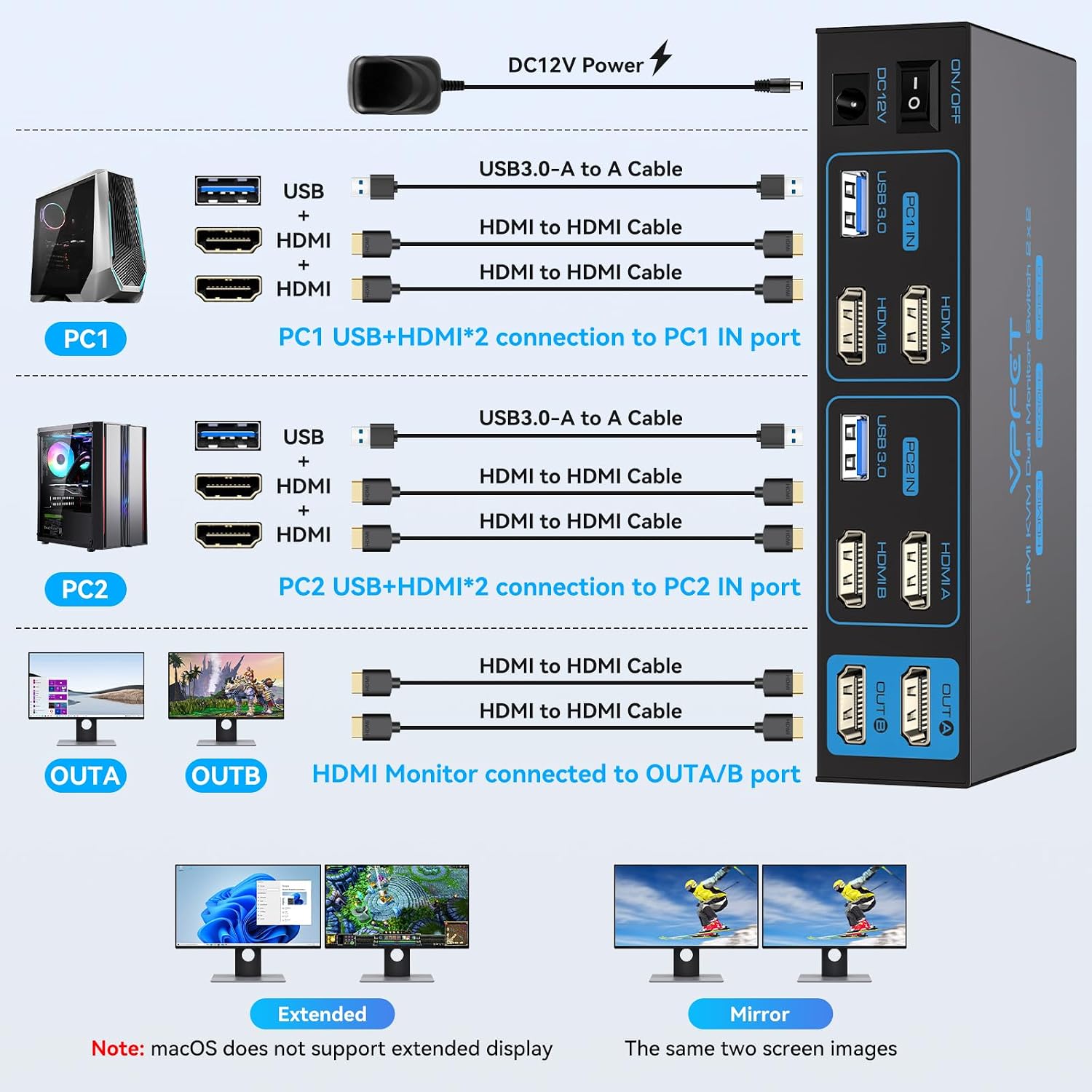 Detalle de VPFET Dual-Monitor HDMI KVM Switch, 8K@60Hz, 4K@120Hz, 4 USB 3.0 Ports