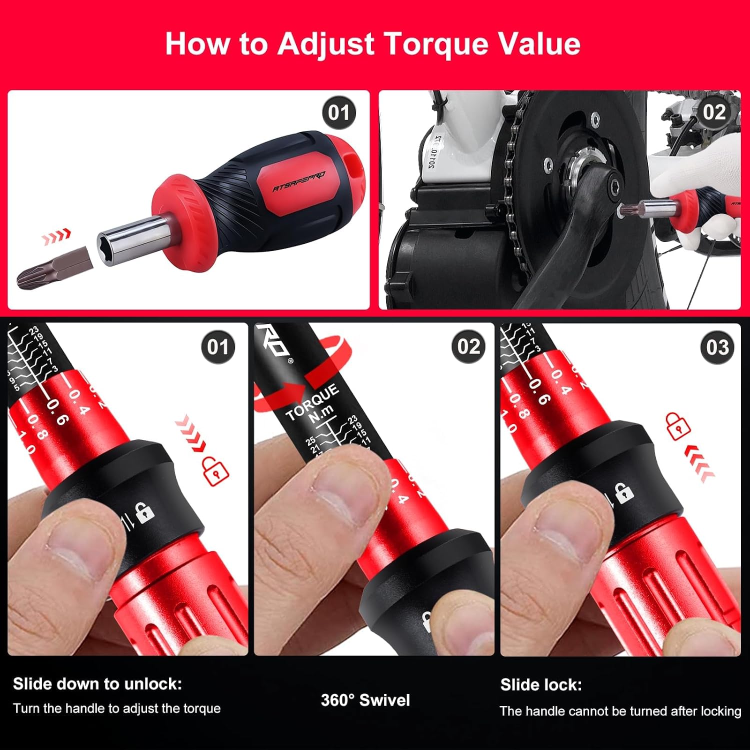 Thumbnail 3 de ATsafepro Bike Torque Wrench Set 1/4 Inch, 3-25Nm — 61-Piece Magnetic Ratchet Screwdriver Kit