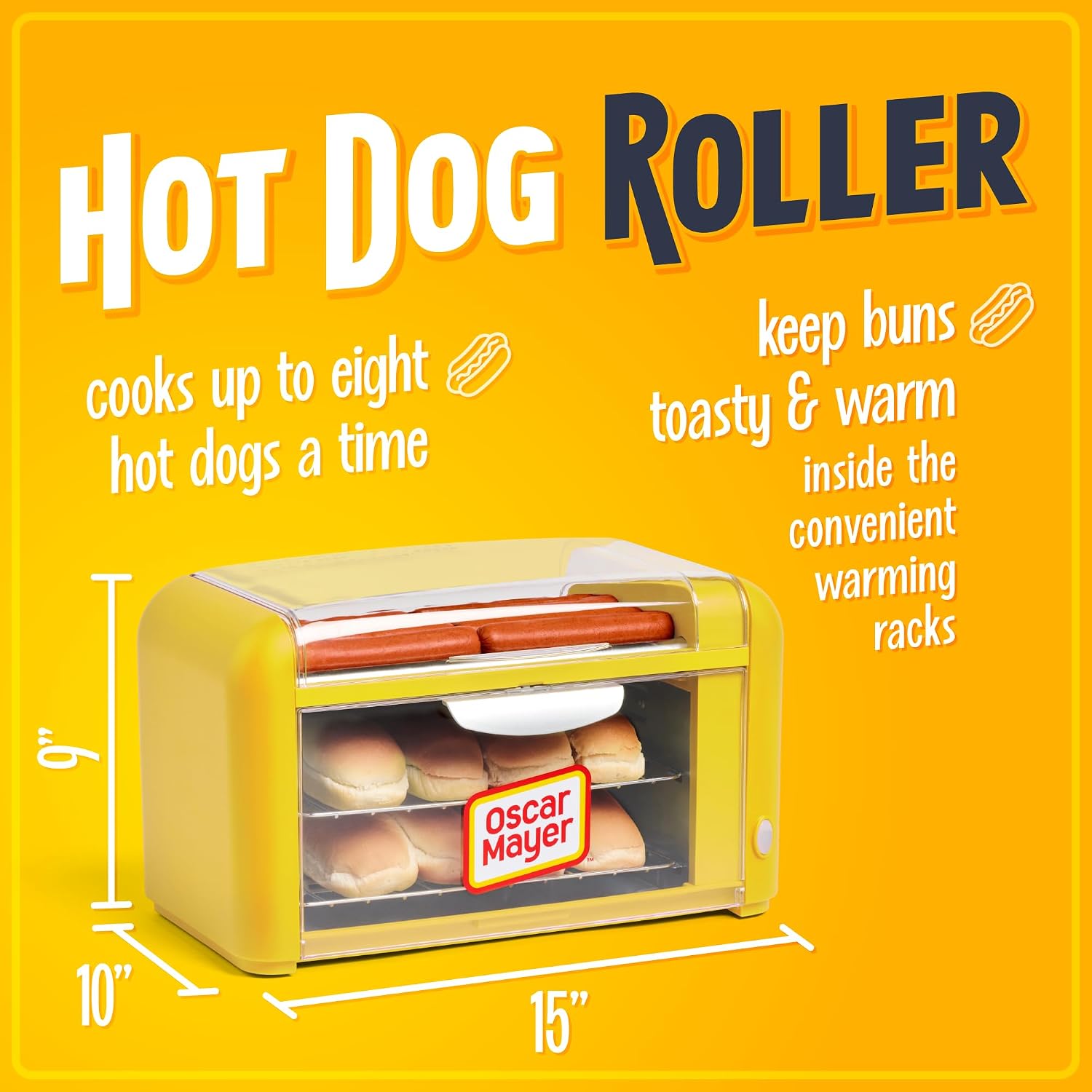 Detalle de Nostalgia Oscar Mayer Hot Dog Roller & Bun Toaster, 8-Dog Capacity, Yellow