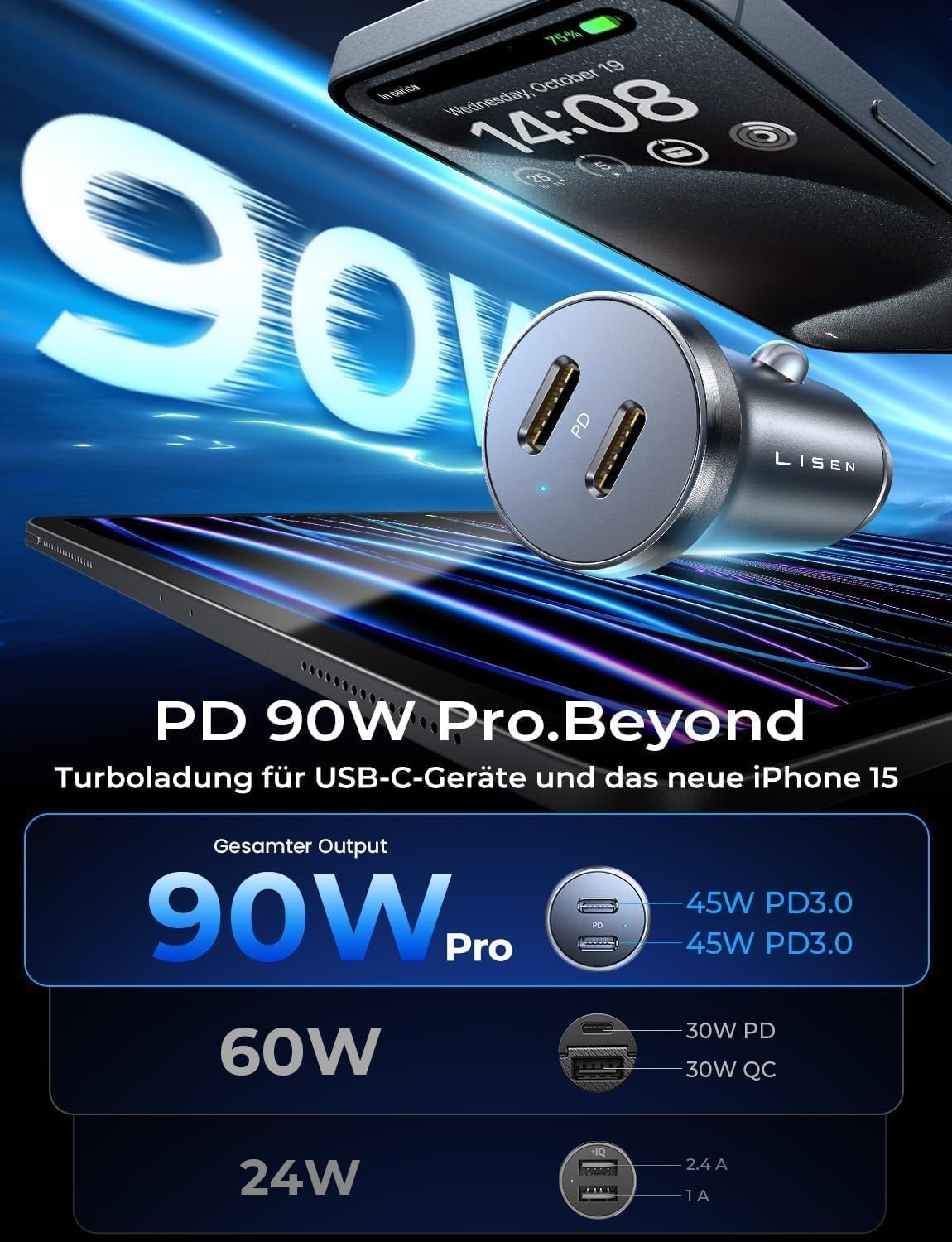 Detalle de LISEN 90W Autoladegerät USB C