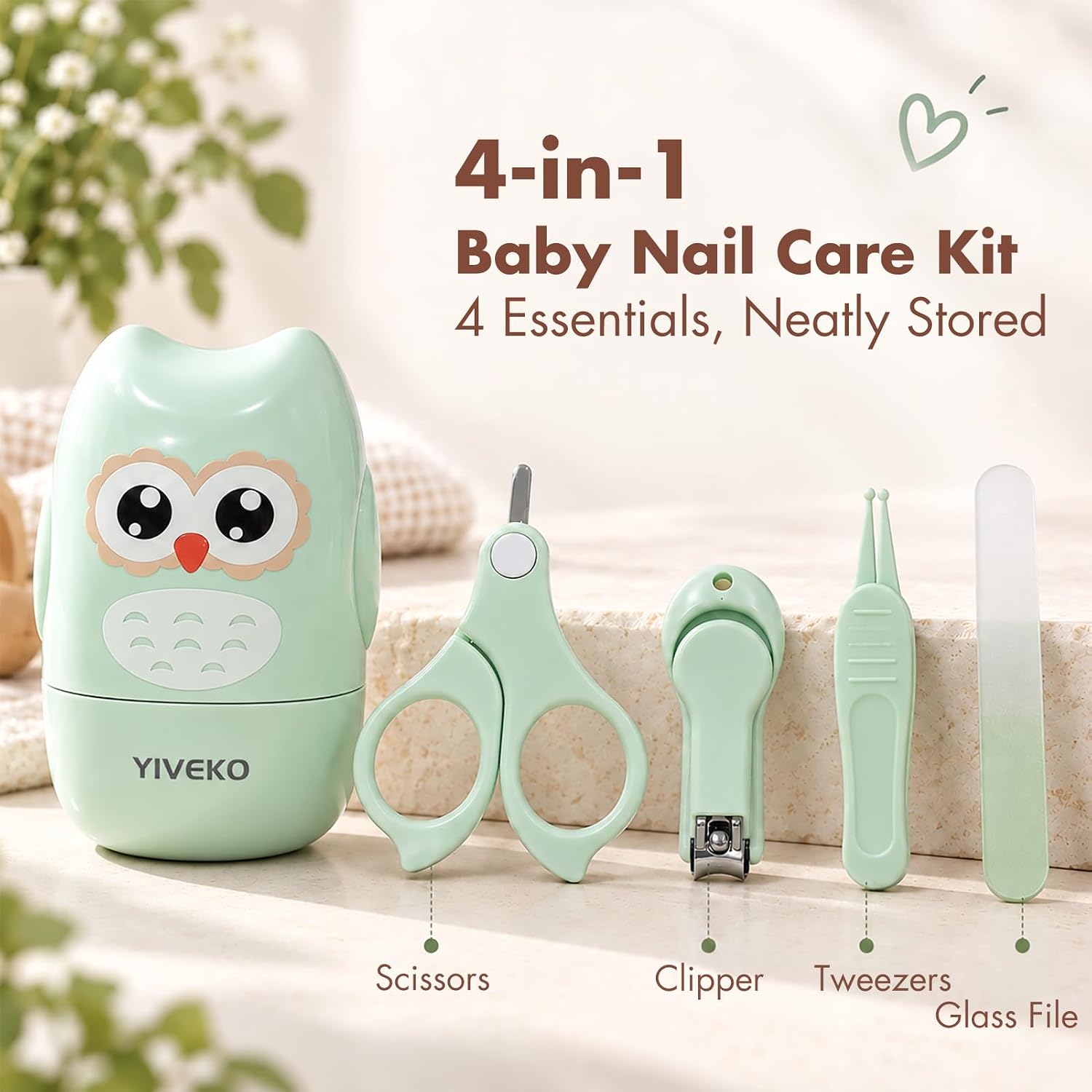 Detalle 2 de YIVEKO YI-19-3-3 Baby Nail Kit with Four Grooming Tools and Green Owl Case