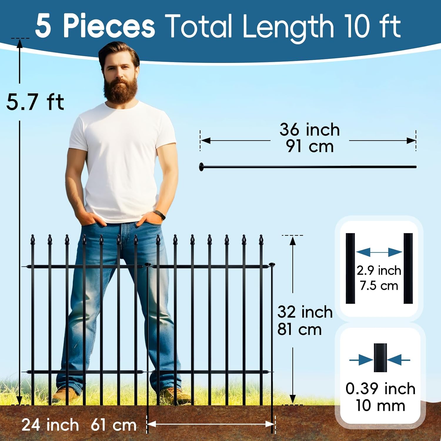 Thumbnail 4 de Thealyn decorative metal garden fence set – 81cm high, 5 panels, 3m total length, no-dig border dog fence (black)