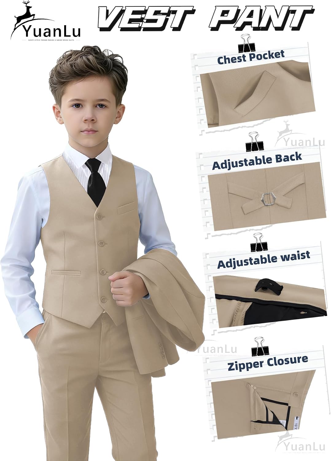 Thumbnail 3 de YuanLu Boys Slim Fit Champagne Suit Set with Adjustable-Waist Pants