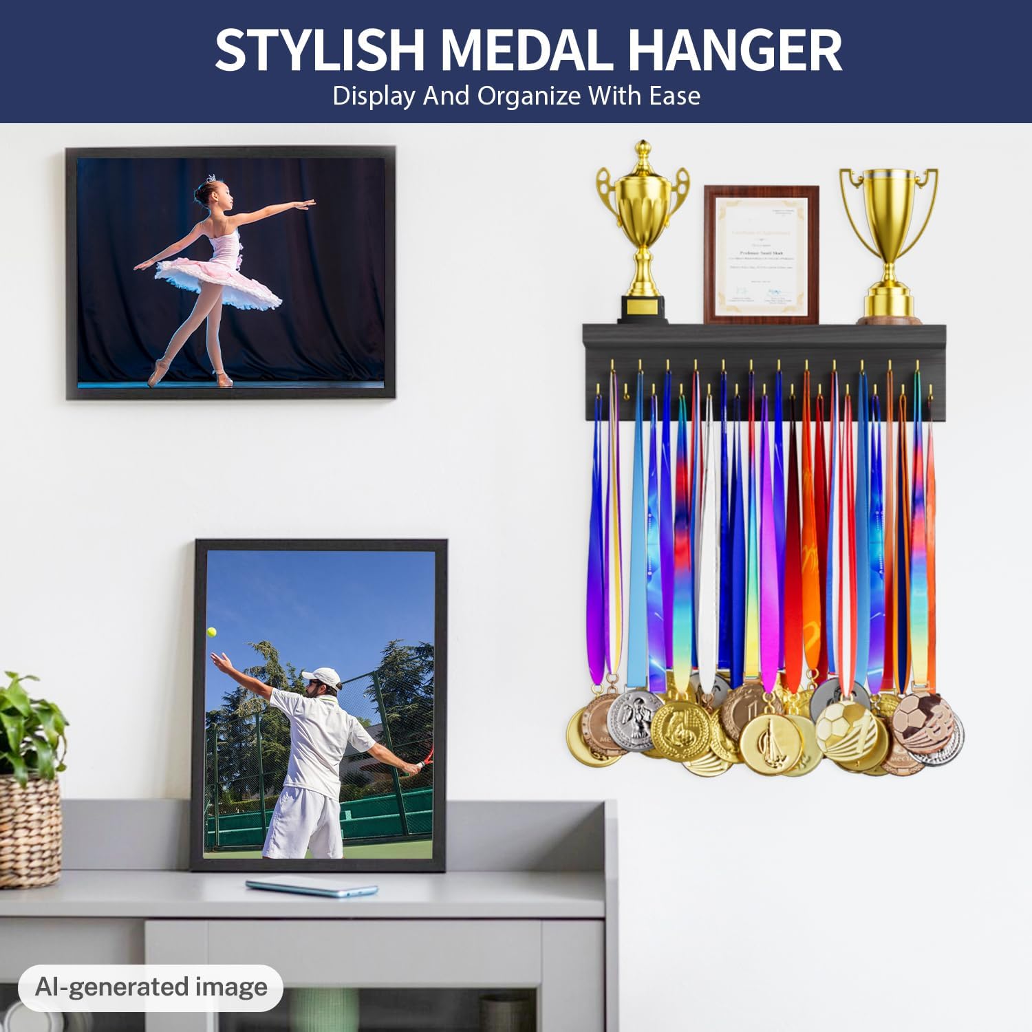 Thumbnail 2 de DSVENROLY Medal Hanger Wooden Display Shelf with 25 Steel Hooks