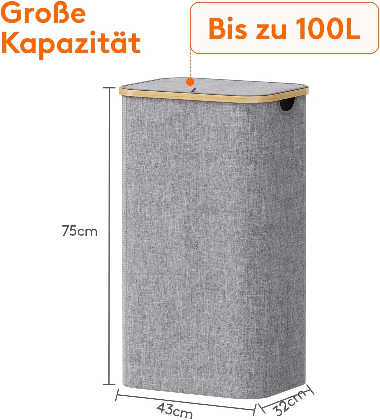 Detalle de Lifewit 100L Wäschekorb mit Deckel – Bambusgriffe, abnehmbarer Wäschesack, faltbar, hellgrau