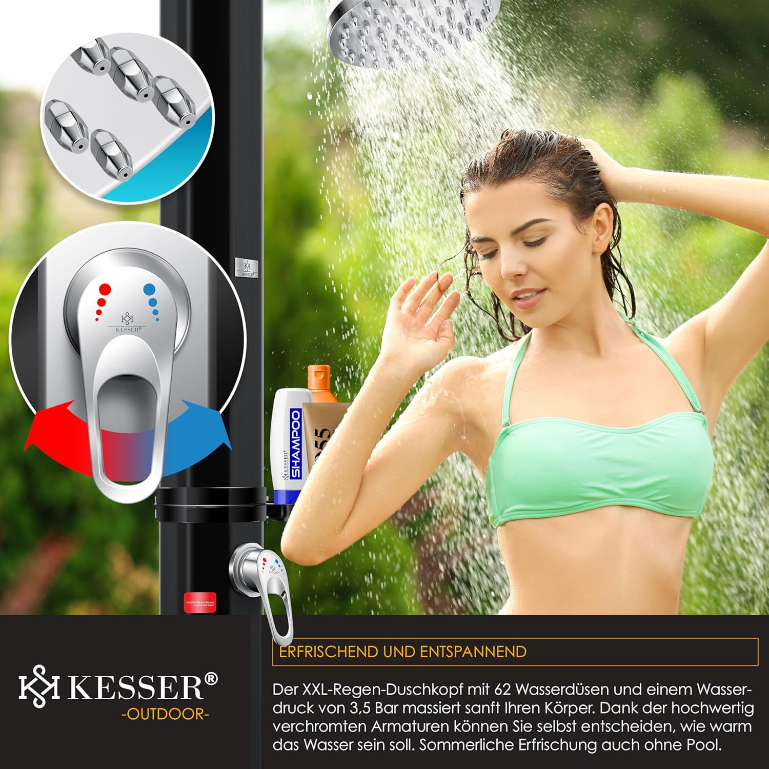 Detalle de KESSER® Solardusche 60L Gartendusche – Warmes Wasser ohne Strom für Garten und Pool