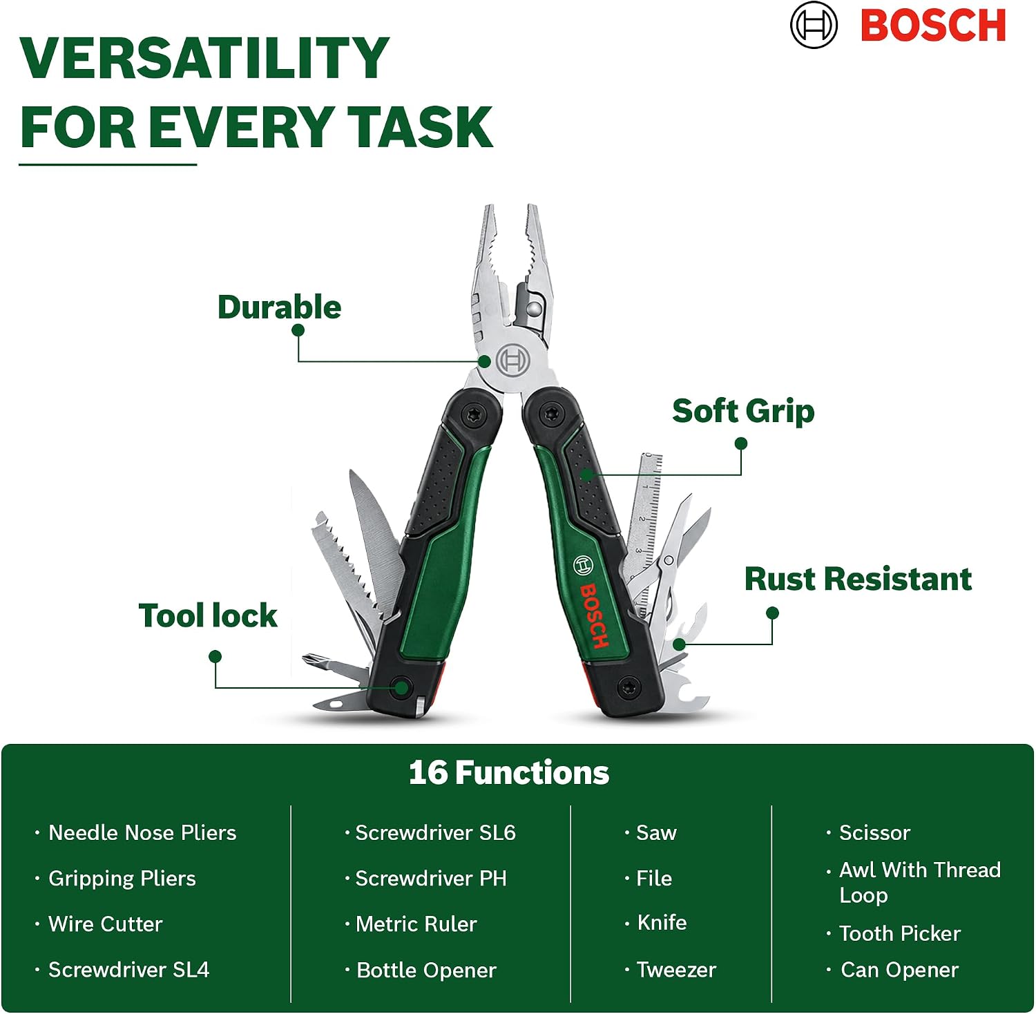 Detalle de Bosch 16-in-1 Multitool, Stainless Steel Hand Tool with Locking Function