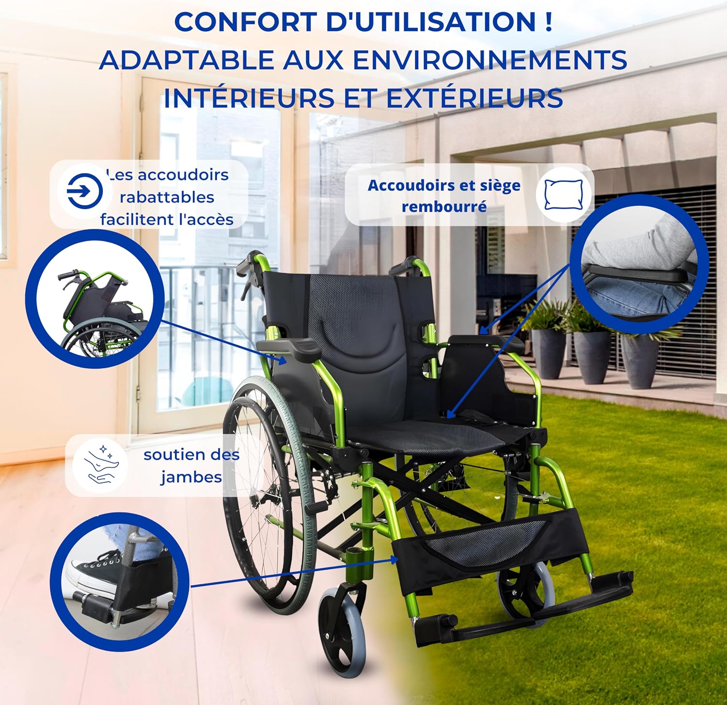 Thumbnail 4 de Mobiclinic Bolonia — Fauteuil roulant pliable et léger en aluminium, dossier fendu et accoudoirs rabattables, vert
