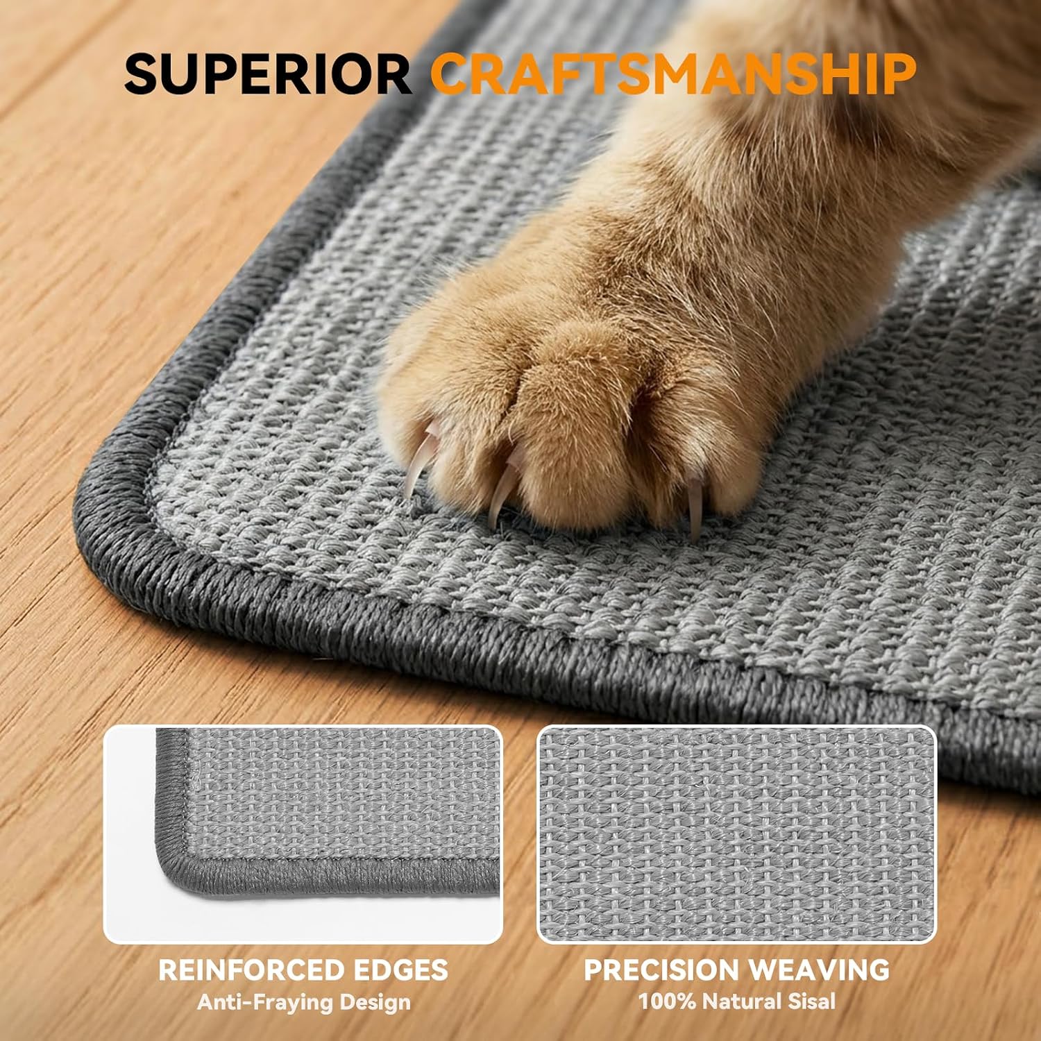 Detalle de Gimars 60 x 40 cm Cat Scratching Mat: Natural Sisal, Non-Slip Wall & Couch Protector (Grey)