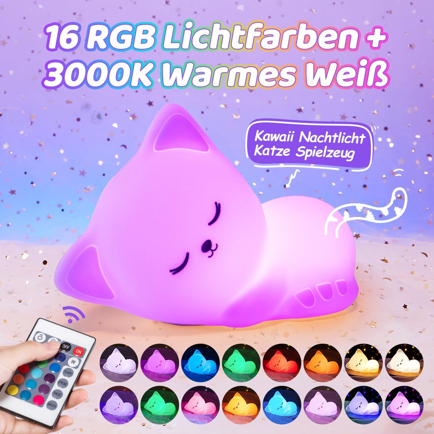 Thumbnail 2 de Nachtlicht Kinder Nachtlicht Baby mit 16 Farben, dimmbar und Fernsteuerung – USB-wiederaufladbare Katzen-Nachttischlampe