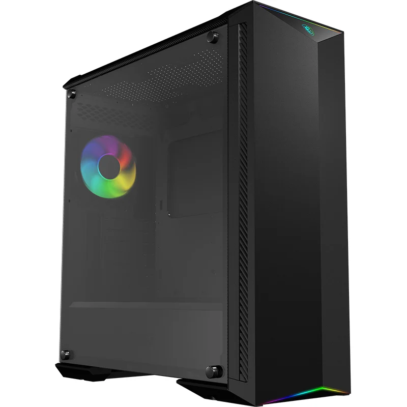 Detalle de MSI MPG Gungnir 100: chassis negro con cristal templado y ARGB