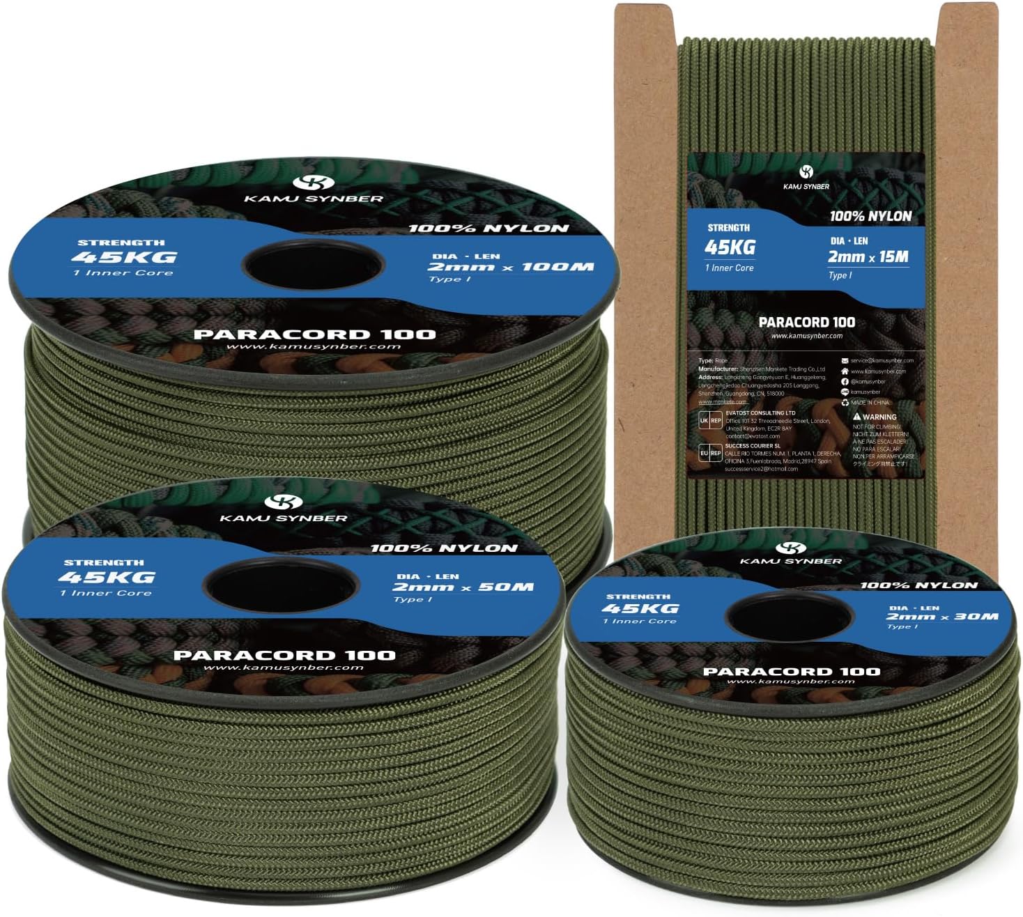 Detalle de Kamu Synber 2mm Paracord 100M – 100% Nylon, Tragkraft 45 kg, Allzweckseil für Outdoor, Basteln und Survival