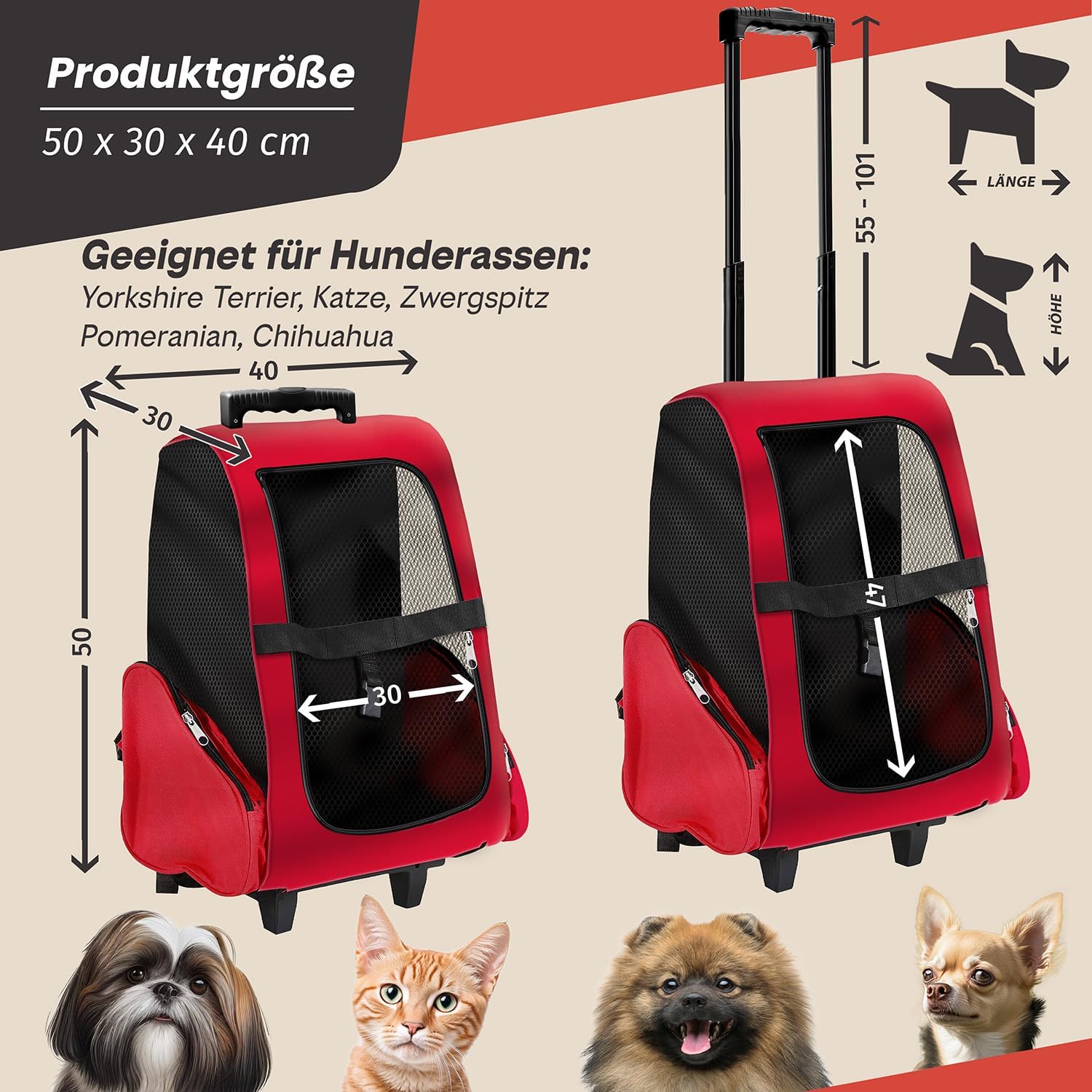 Thumbnail 5 de All Pets United Trolley pour chiens et chats petit transporteur rouge avec poignée télescopique