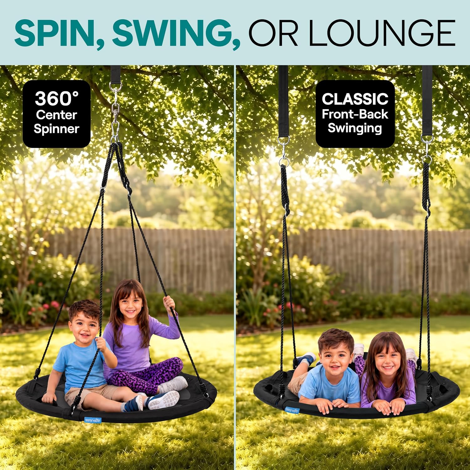 Detalle 2 de SereneLife Saucer Swing: 40-Inch Tree Swing with 700 lb Capacity, 600D Waterproof Seat and Center Spinner