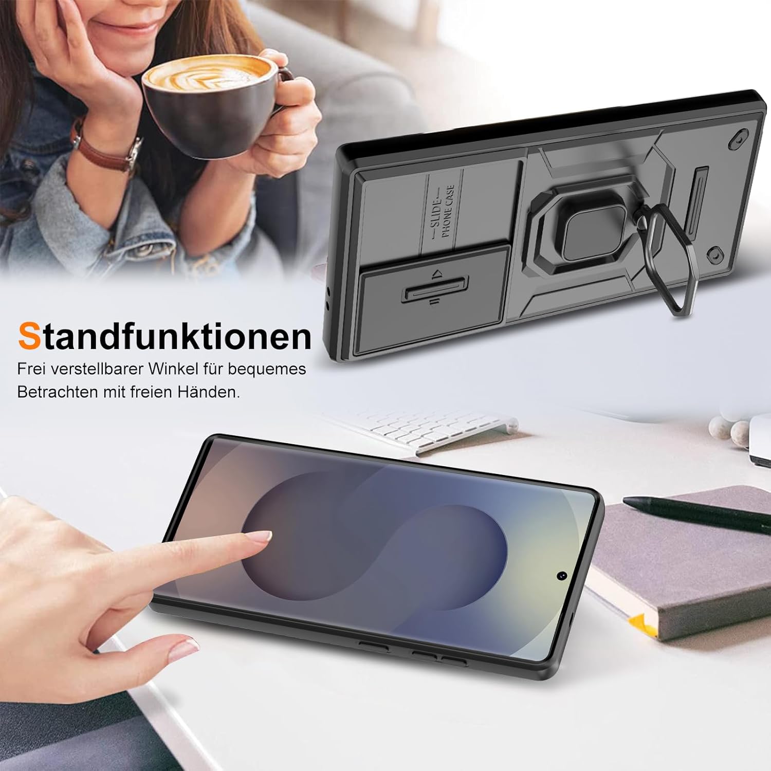 Detalle de Vanki Hülle für Samsung Galaxy S24 Ultra – Kameraschutz, schiebbarer Objektivschutz, 360° Drehständer