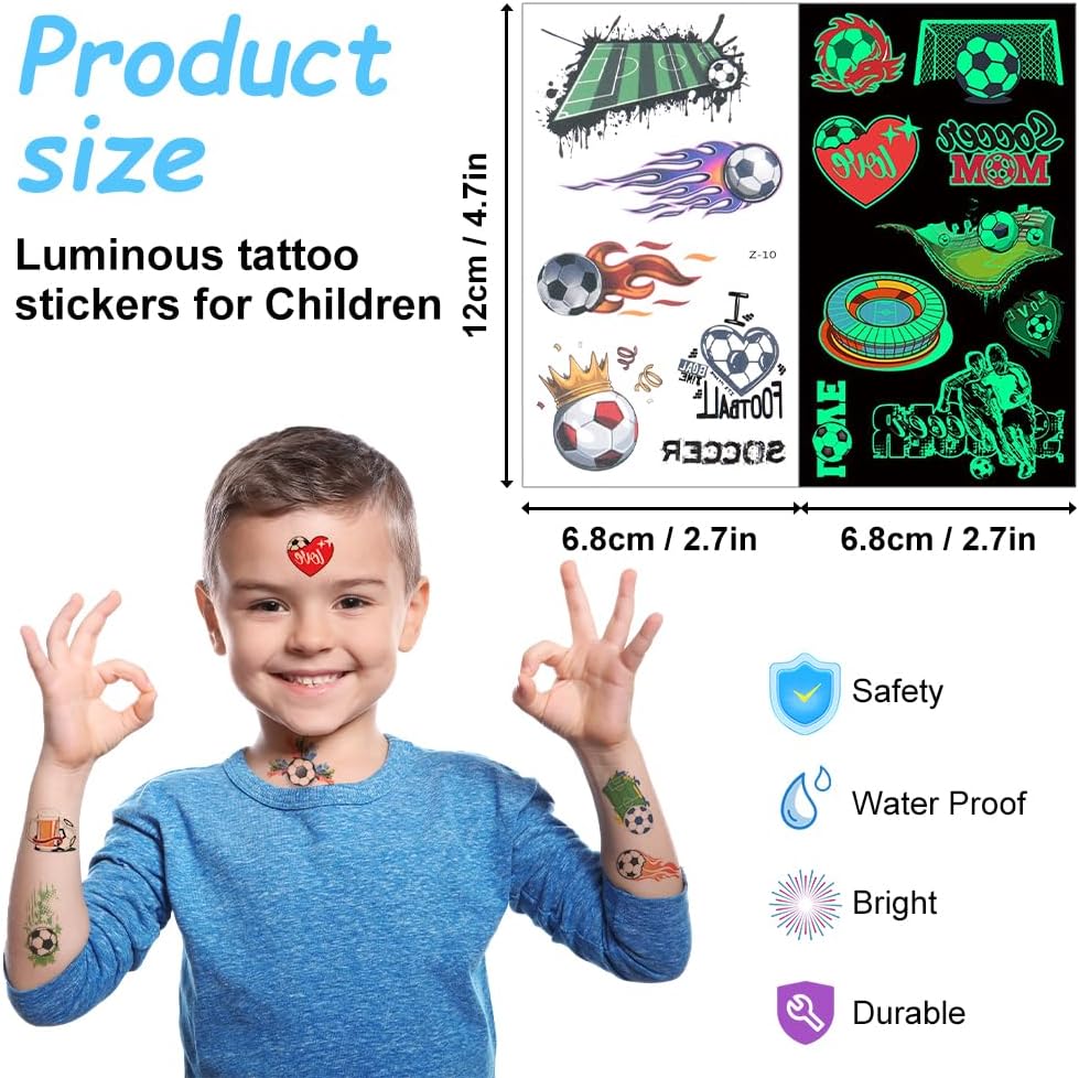 Thumbnail 1 de Aomig C2-N-A240614-FBA tijdelijke kindertatoeages, lichtgevend, voetbal, 20 vellen